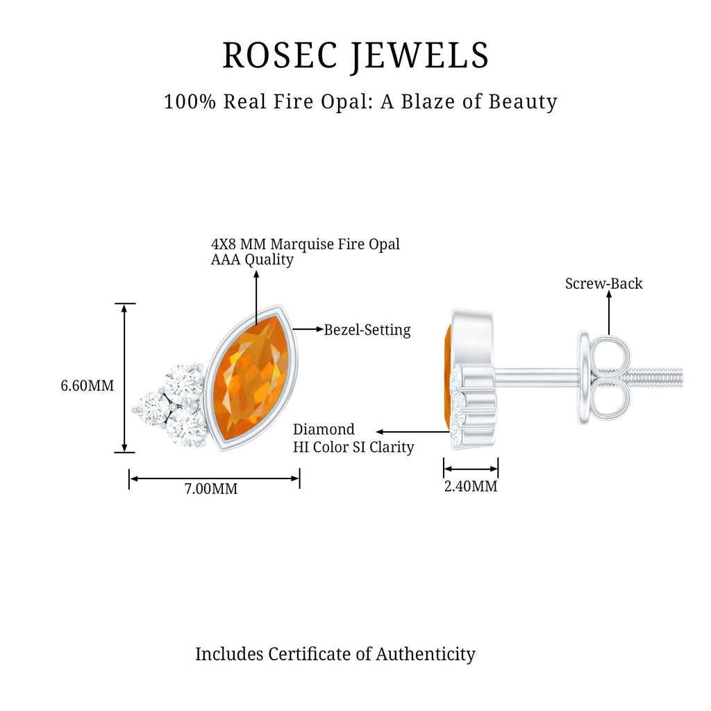 Fire Opal Stud Earrings - Marquise Cut AAA Quality Orange Opal with Diamond Trio Studs