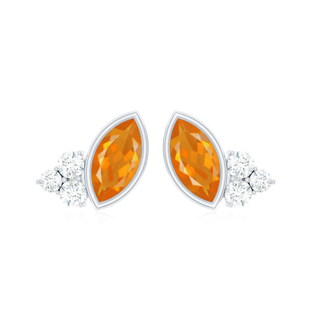 Fire Opal Stud Earrings - Marquise Cut AAA Quality Orange Opal with Diamond Trio Studs