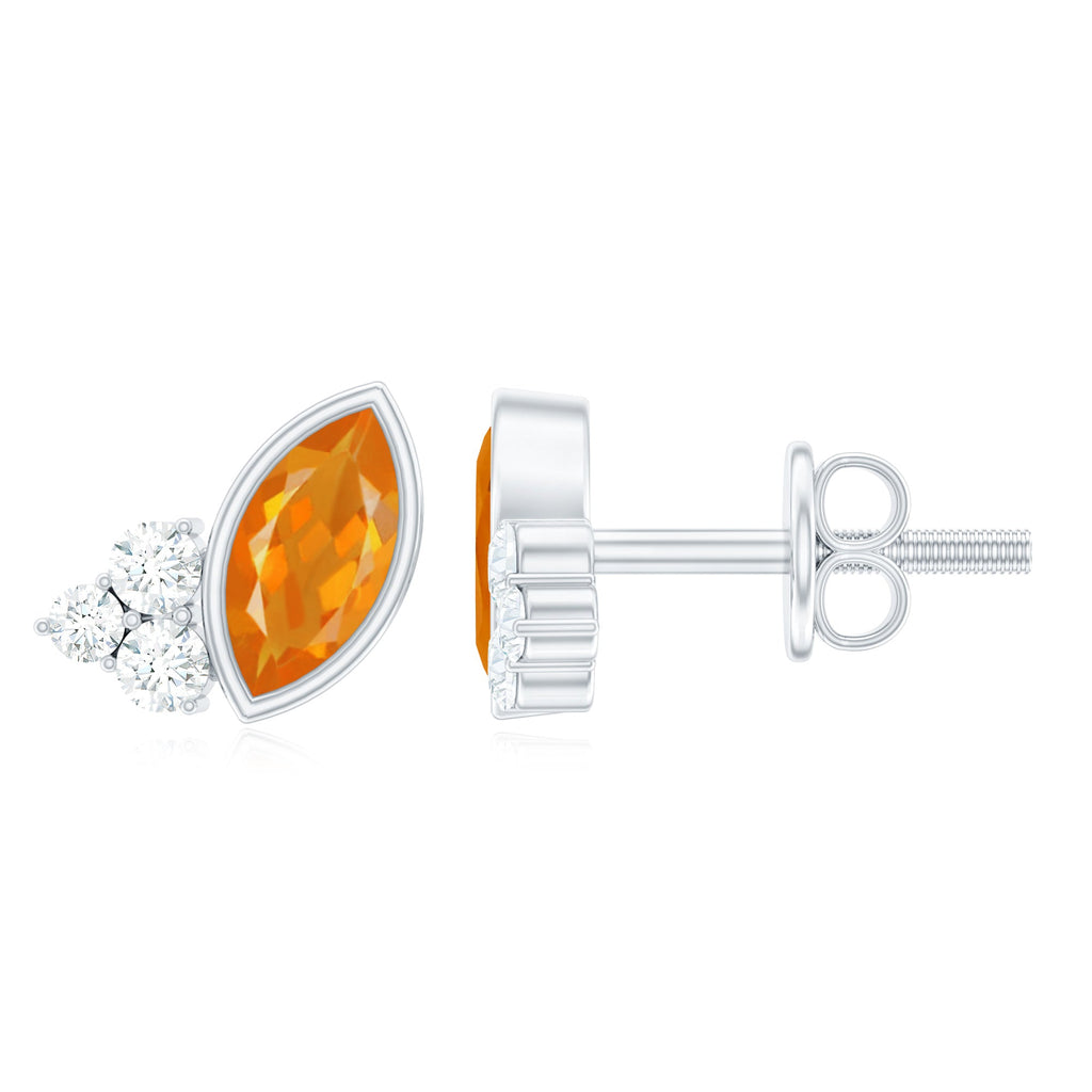 Fire Opal Stud Earrings - Marquise Cut AAA Quality Orange Opal with Diamond Trio Studs