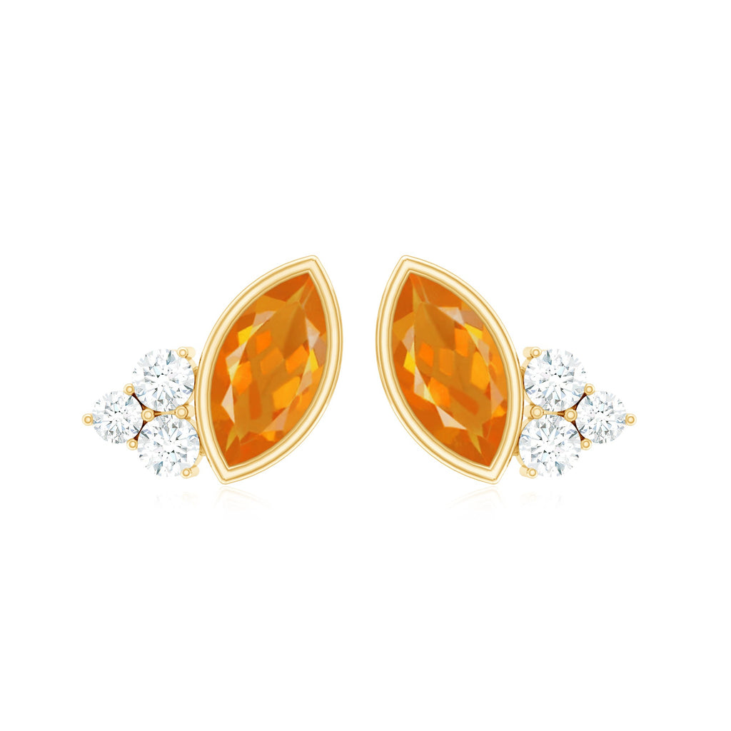Fire Opal Stud Earrings - Marquise Cut AAA Quality Orange Opal with Diamond Trio Studs