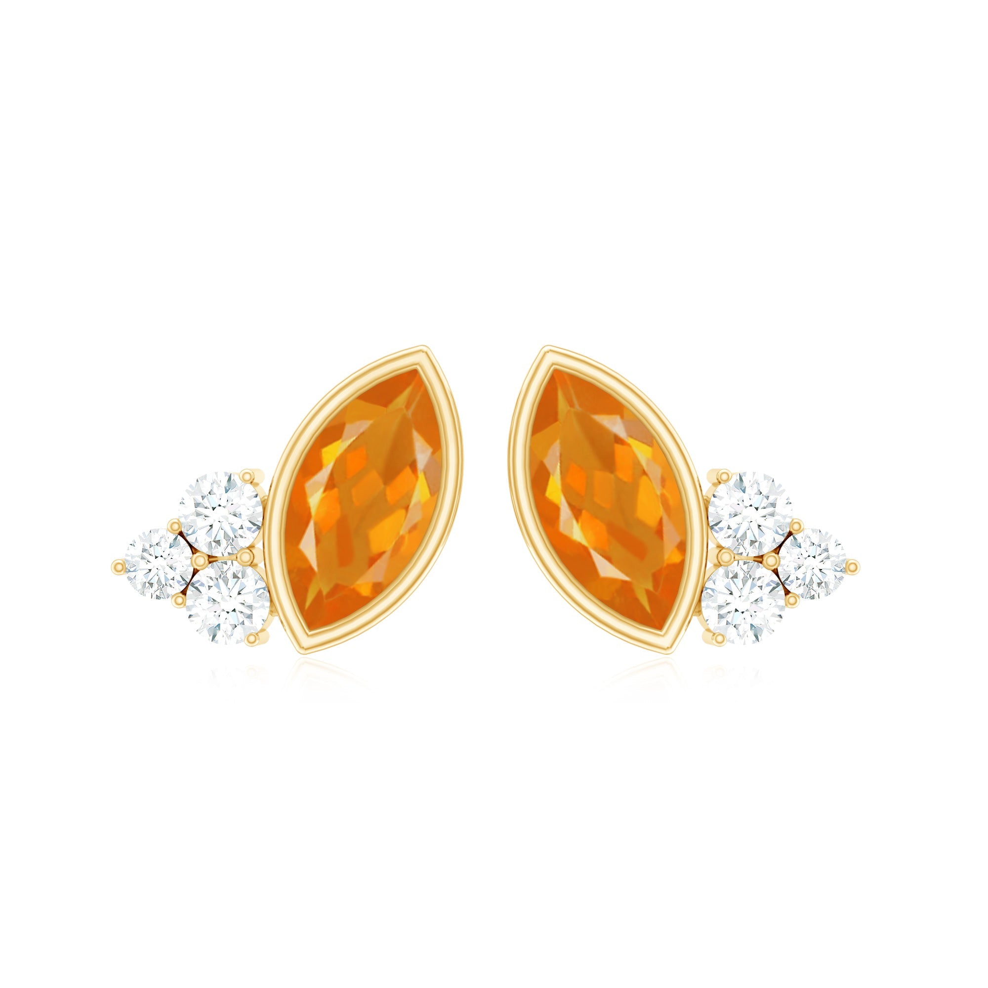 Fire Opal Stud Earrings - Marquise Cut AAA Quality Orange Opal with Diamond Trio Studs