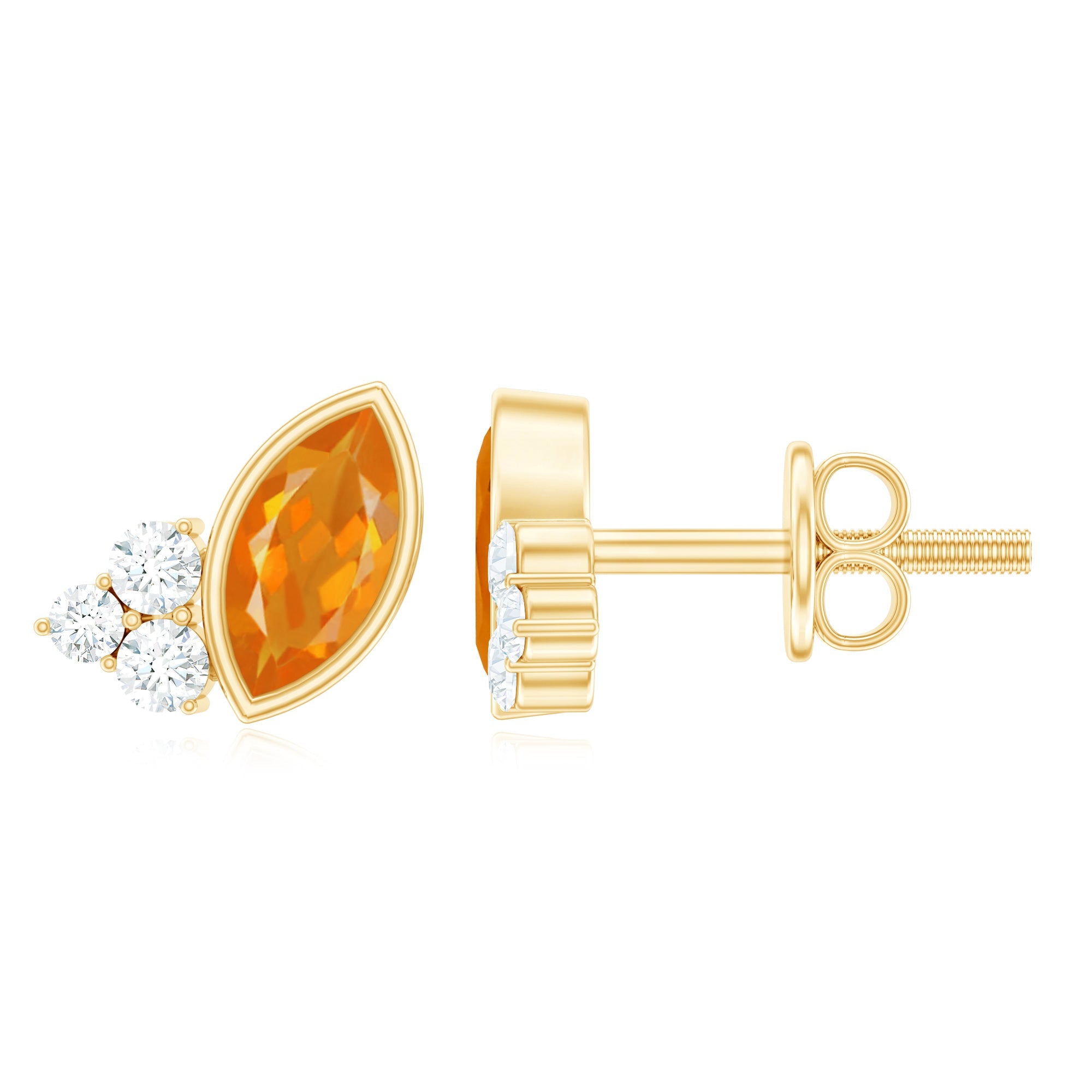 Fire Opal Stud Earrings - Marquise Cut AAA Quality Orange Opal with Diamond Trio Studs