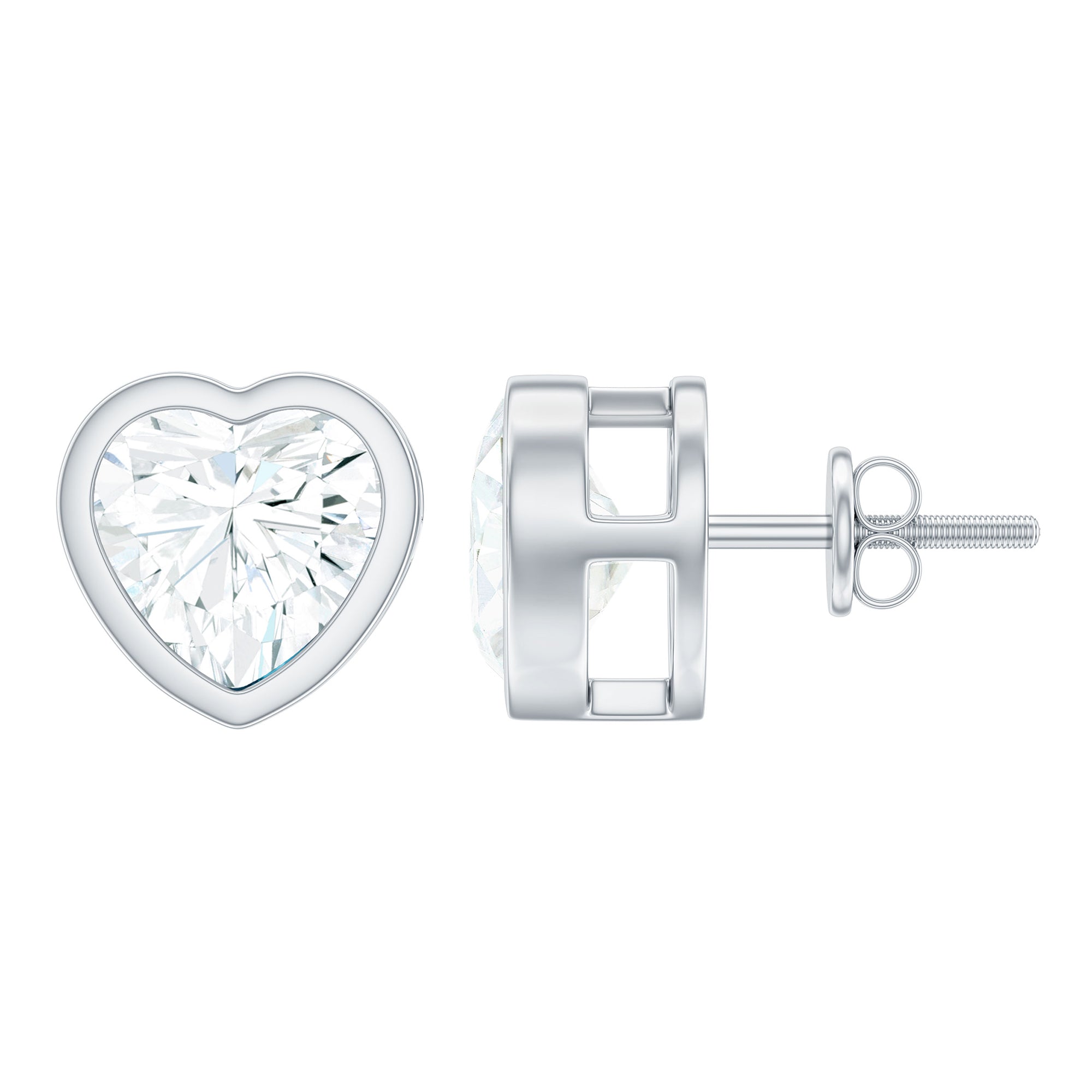 Moissanite Heart Earrings – 3 Carat Sparkling Studs | Bezel Setting & Screw Back