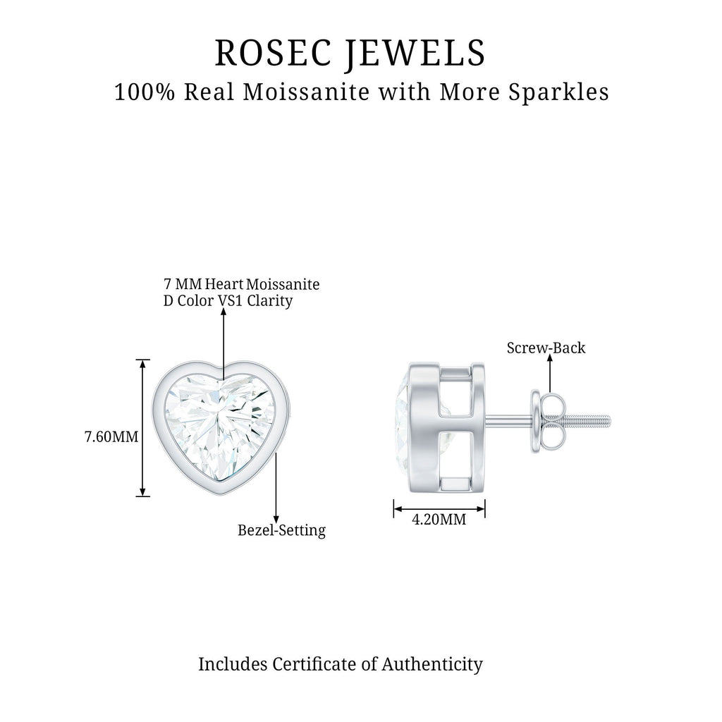Moissanite Heart Earrings – 3 Carat Sparkling Studs | Bezel Setting & Screw Back