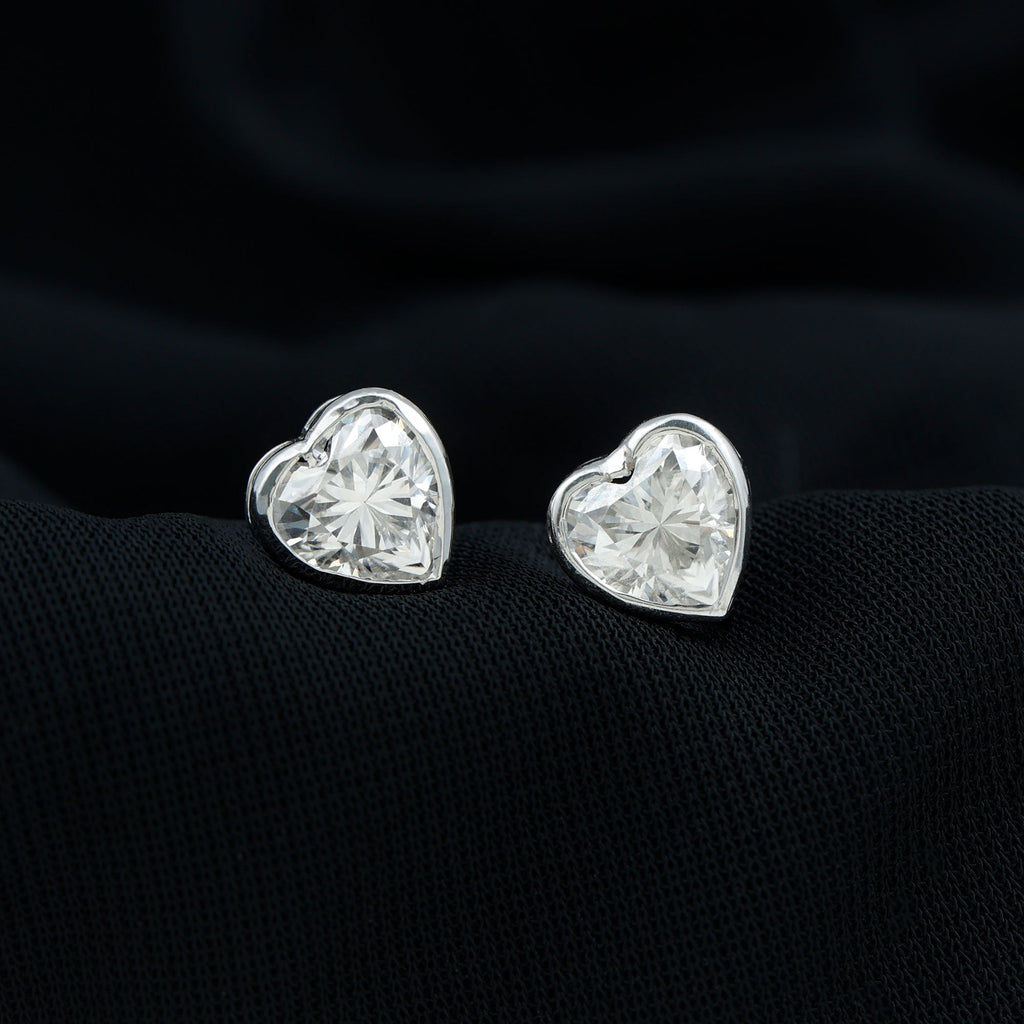Moissanite Heart Earrings – 3 Carat Sparkling Studs | Bezel Setting & Screw Back