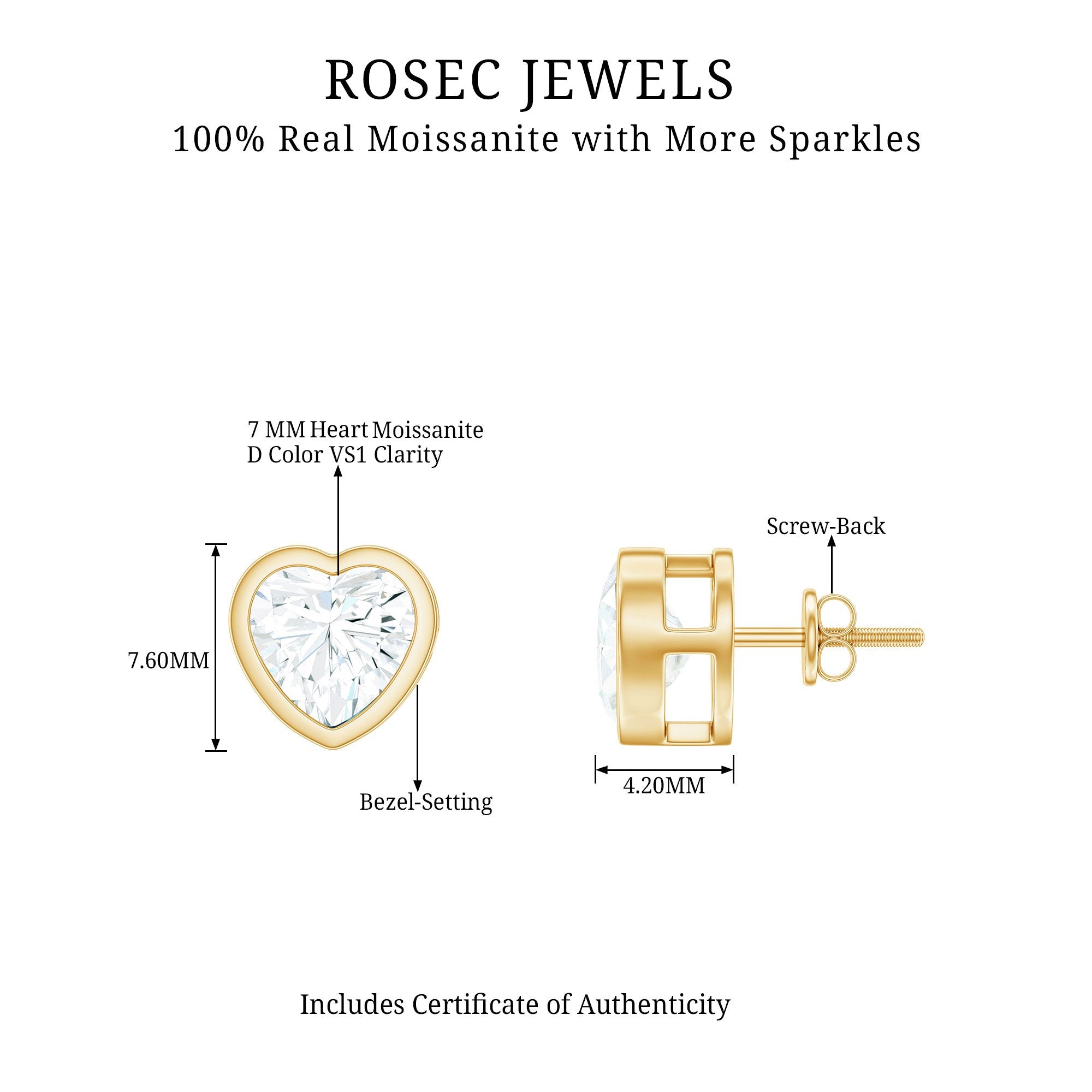 Moissanite Heart Earrings – 3 Carat Sparkling Studs | Bezel Setting & Screw Back