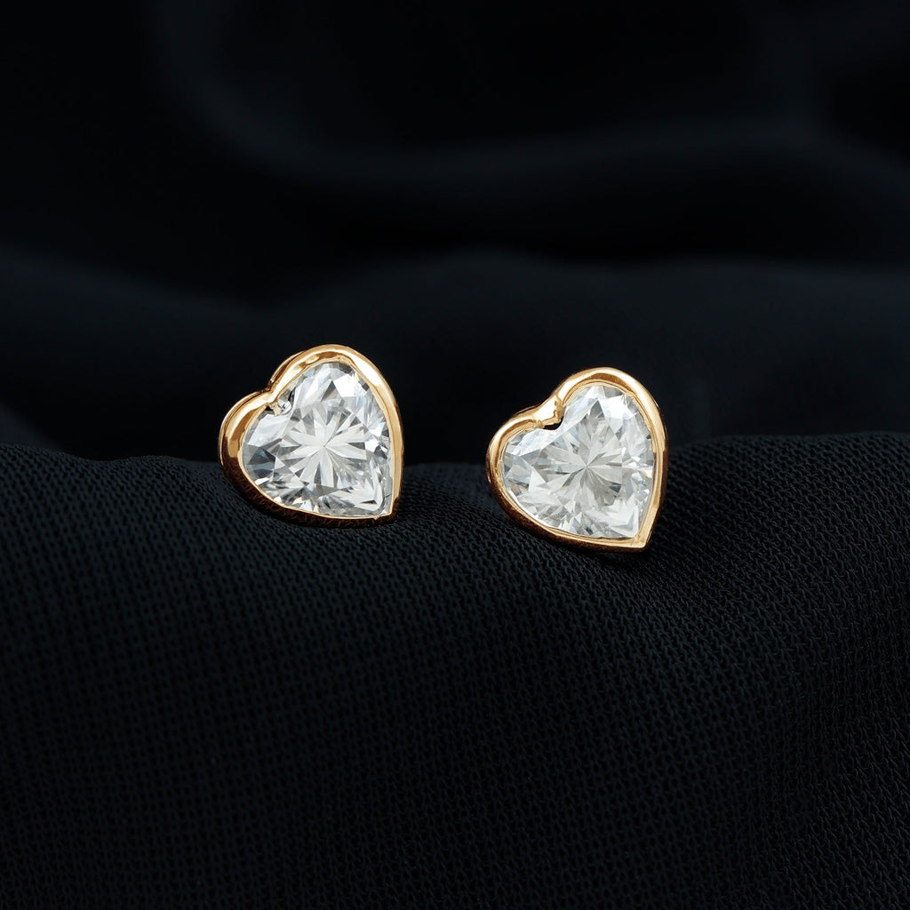 Moissanite Heart Earrings – 3 Carat Sparkling Studs | Bezel Setting & Screw Back