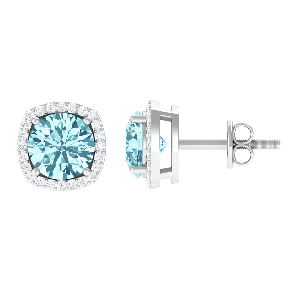 Aquamarine Stud Earrings – Diamond Halo Earrings with Blue Gemstone Accents