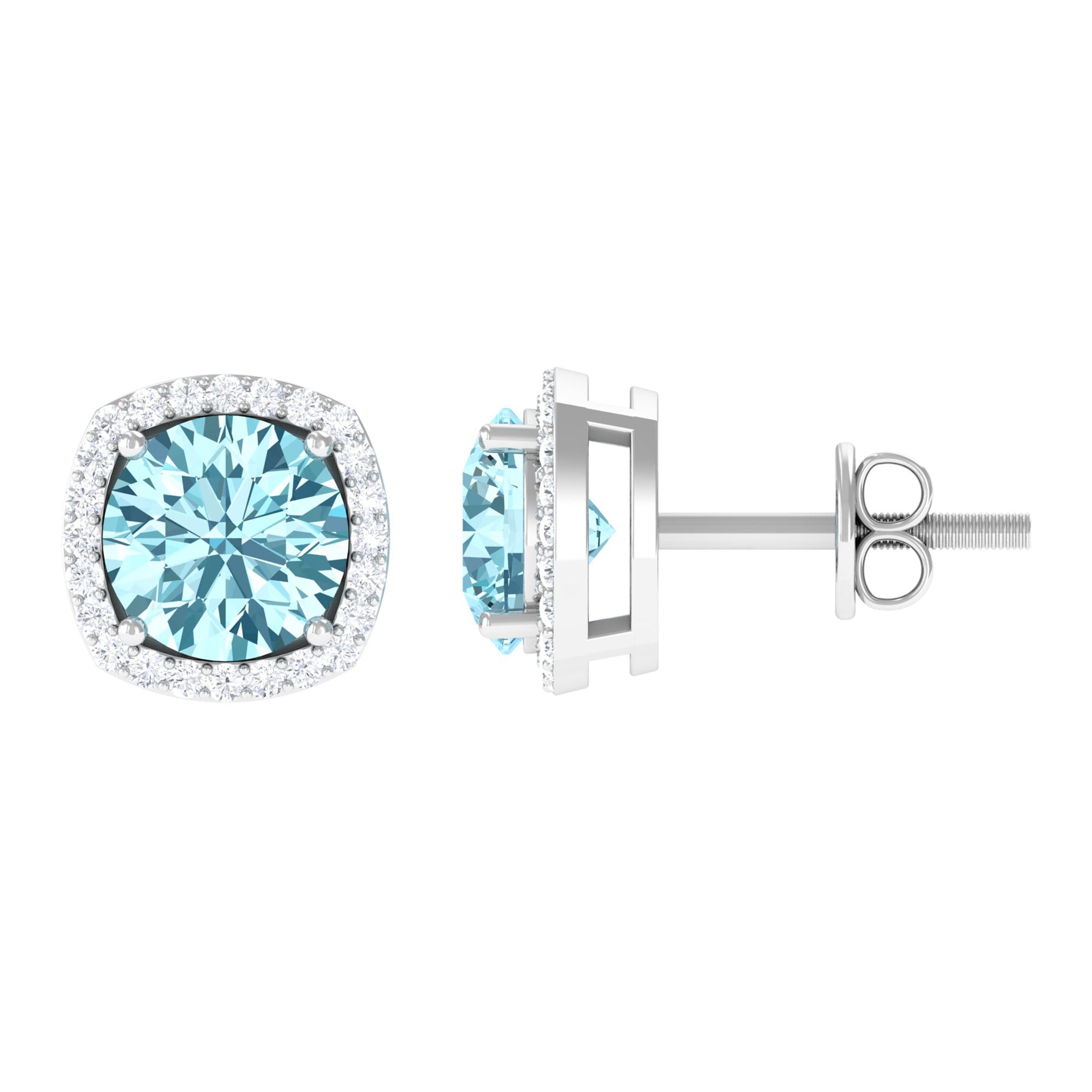 Aquamarine Stud Earrings – Diamond Halo Earrings with Blue Gemstone Accents