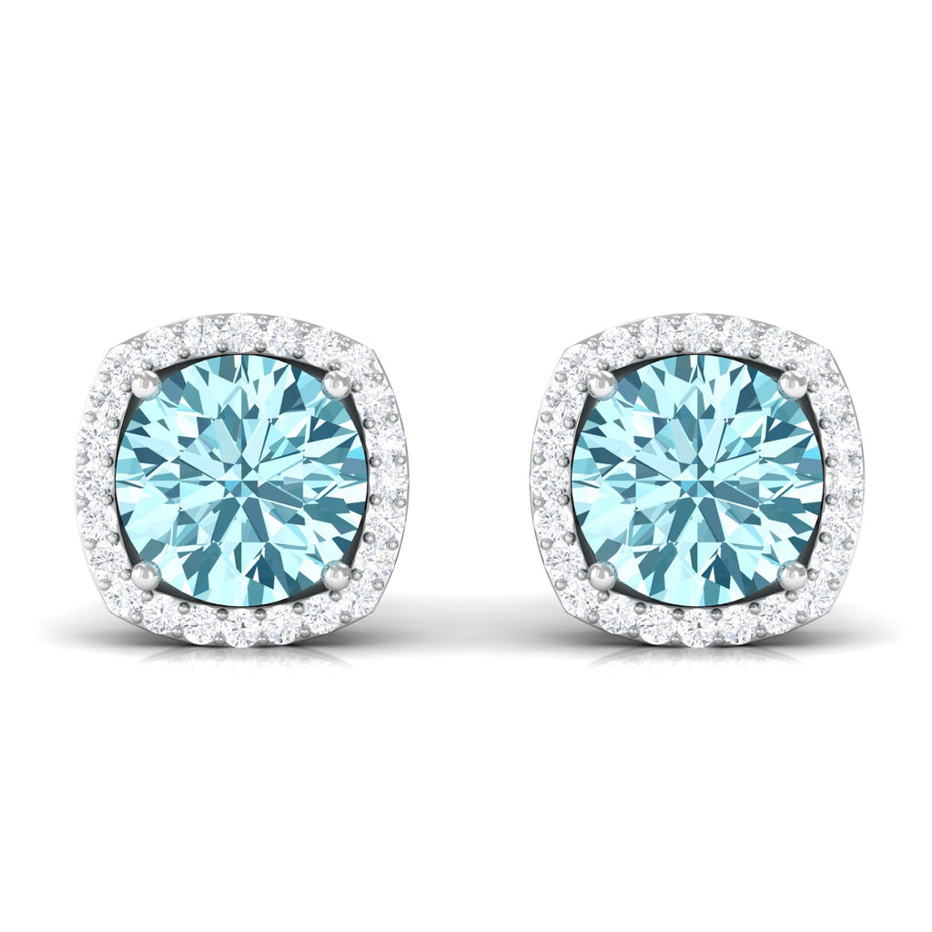 Aquamarine Stud Earrings – Diamond Halo Earrings with Blue Gemstone Accents