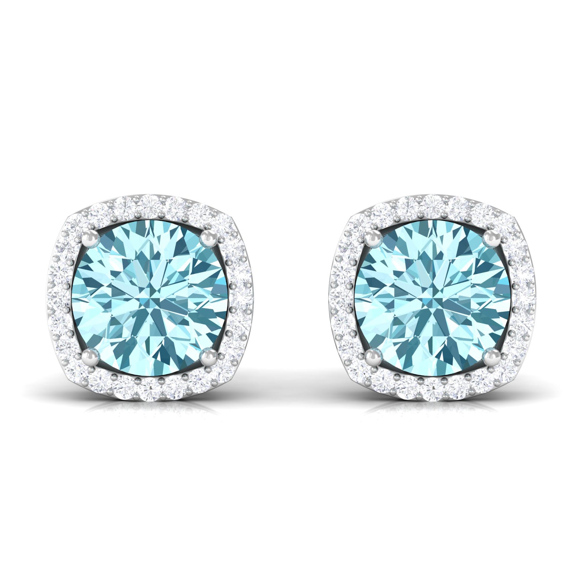 Aquamarine Stud Earrings – Diamond Halo Earrings with Blue Gemstone Accents