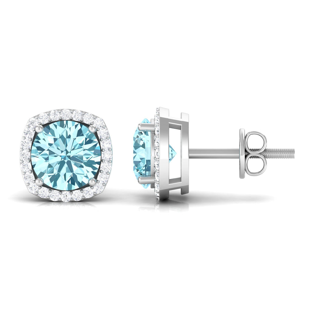 Aquamarine Stud Earrings – Diamond Halo Earrings with Blue Gemstone Accents