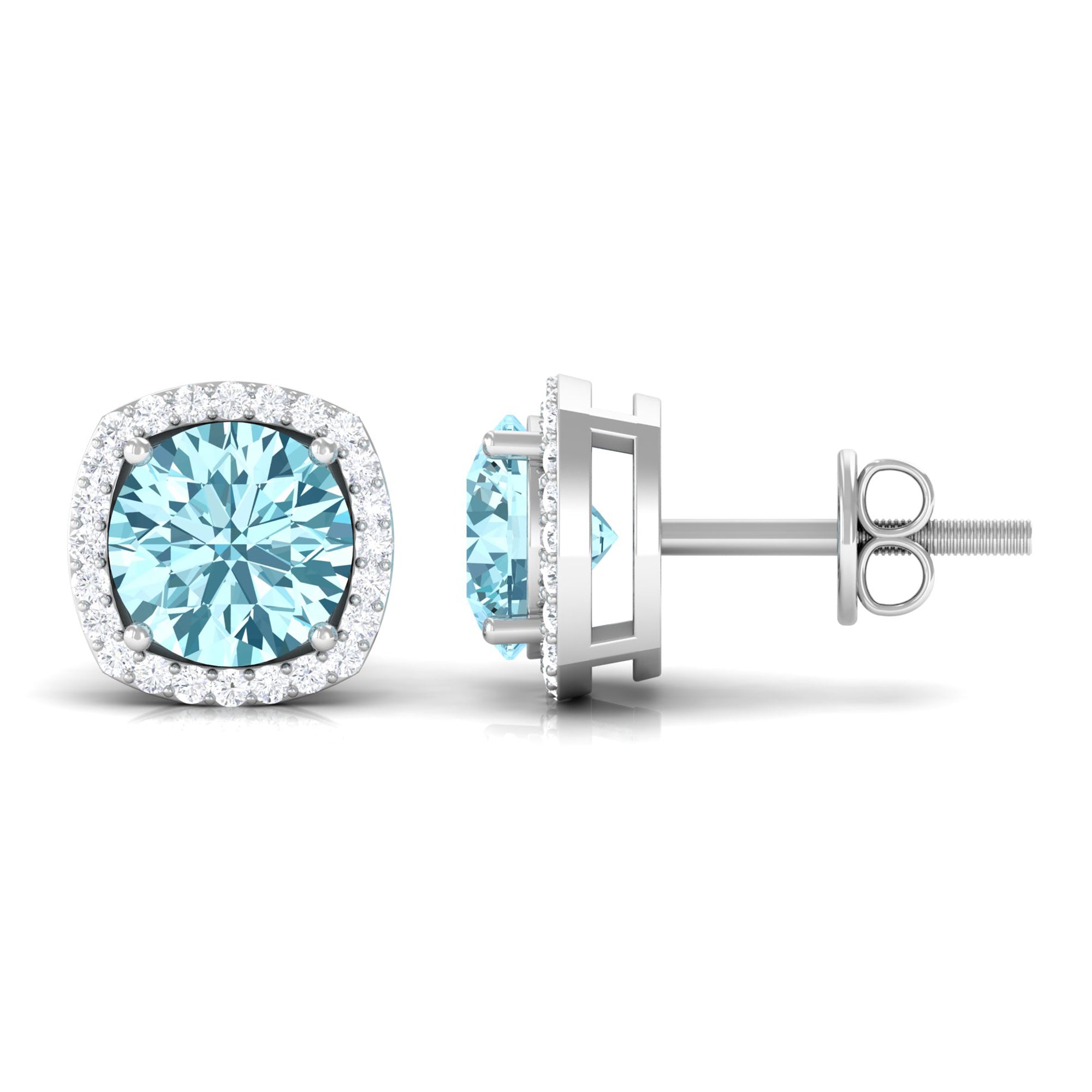 Aquamarine Stud Earrings – Diamond Halo Earrings with Blue Gemstone Accents