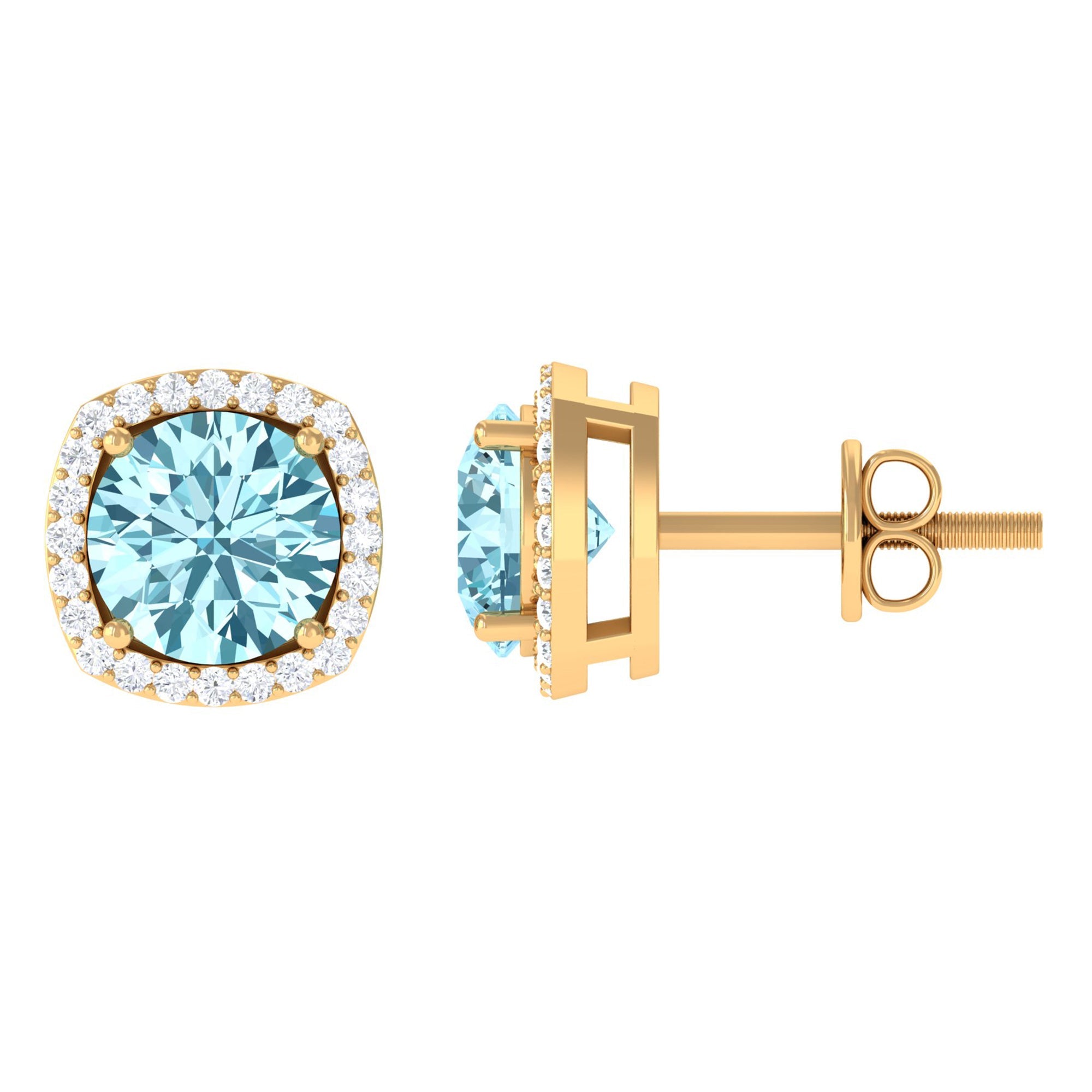 Aquamarine Stud Earrings – Diamond Halo Earrings with Blue Gemstone Accents