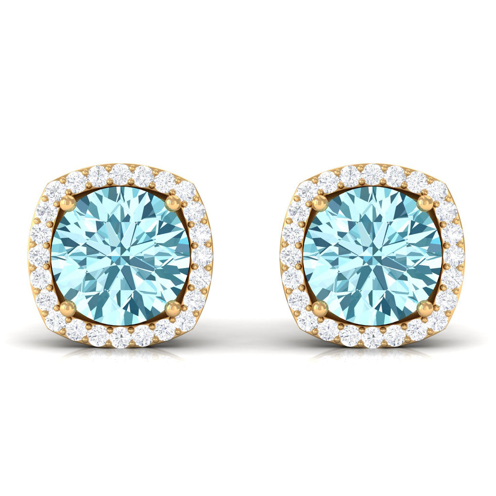 Aquamarine Stud Earrings – Diamond Halo Earrings with Blue Gemstone Accents