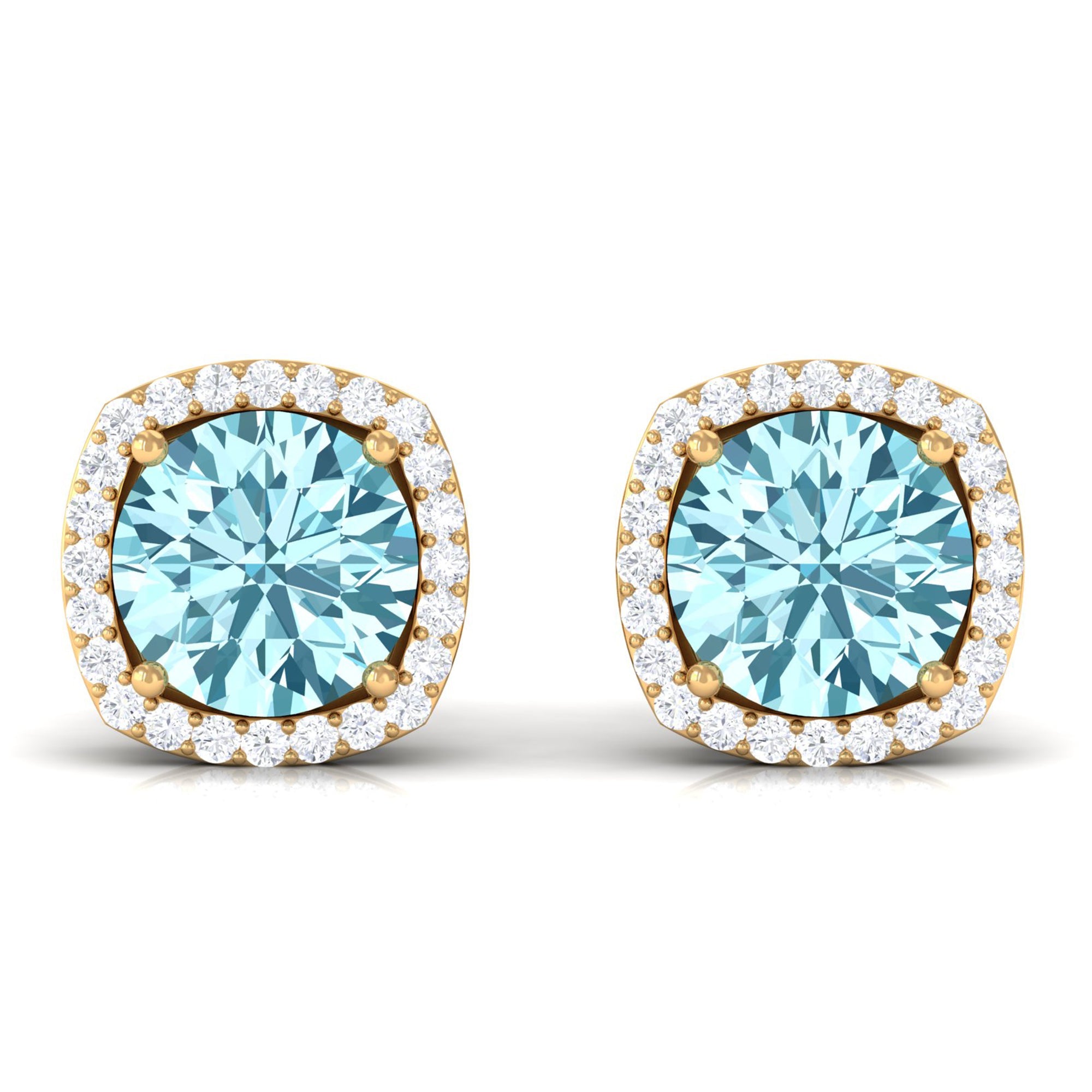 Aquamarine Stud Earrings – Diamond Halo Earrings with Blue Gemstone Accents