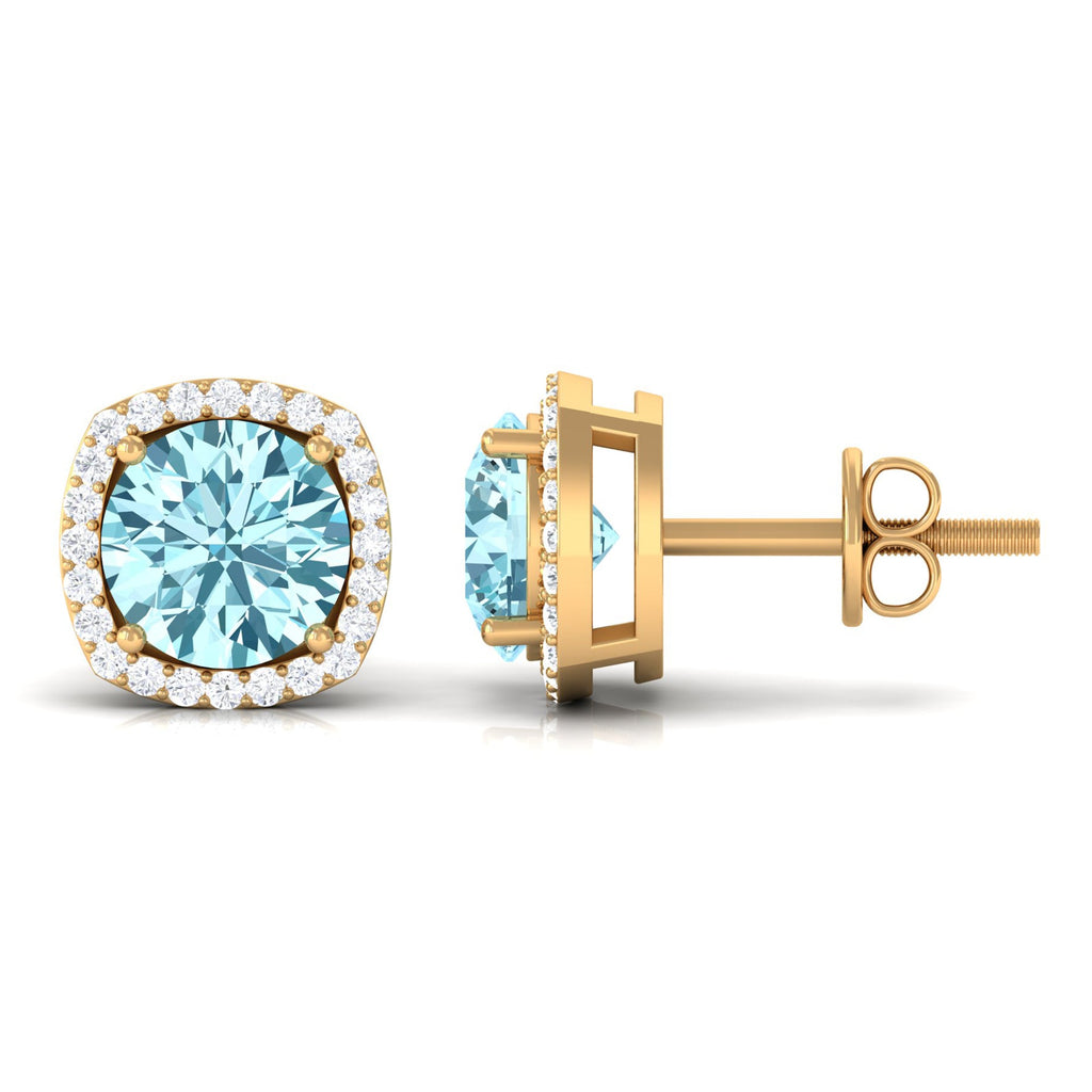 Aquamarine Stud Earrings – Diamond Halo Earrings with Blue Gemstone Accents