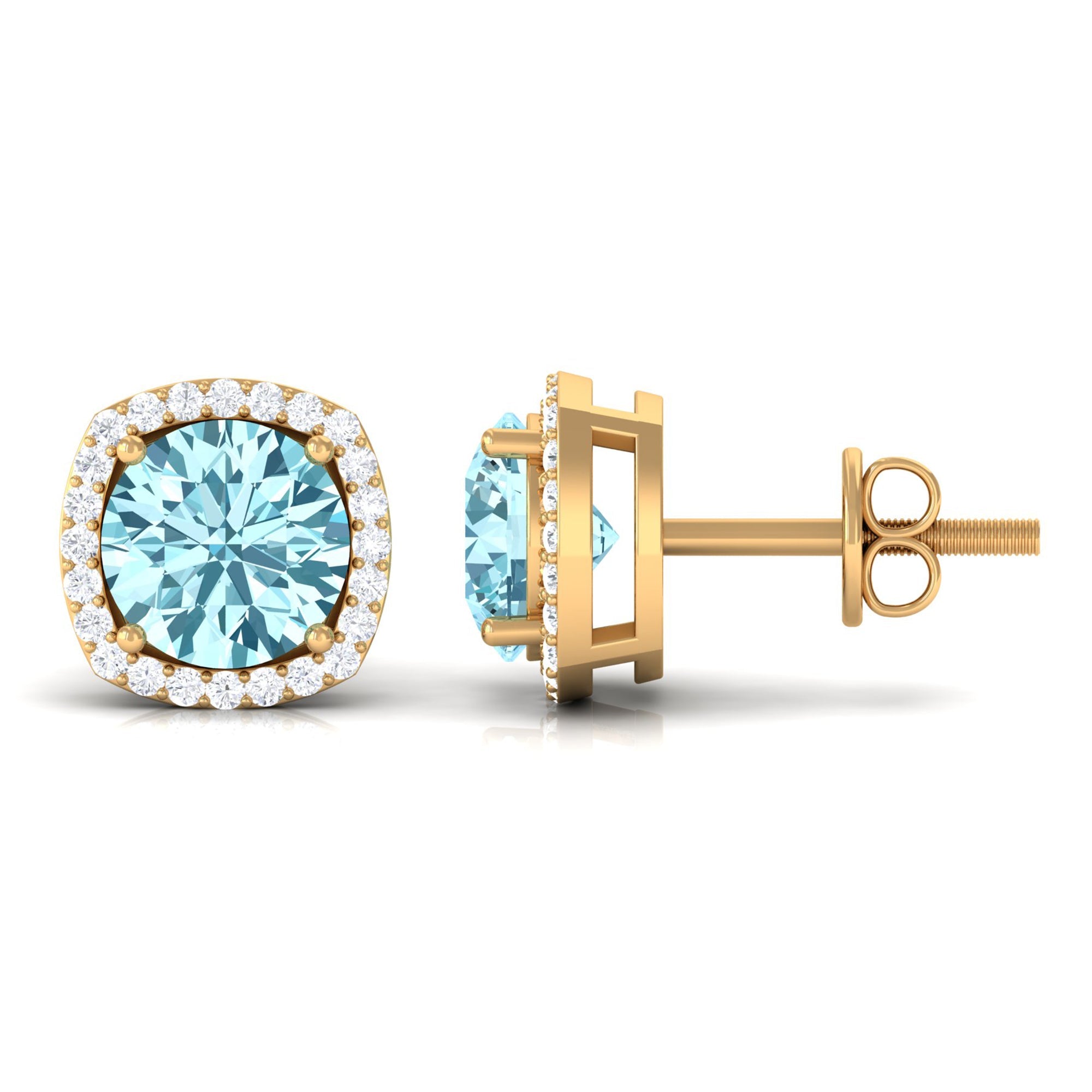 Aquamarine Stud Earrings – Diamond Halo Earrings with Blue Gemstone Accents