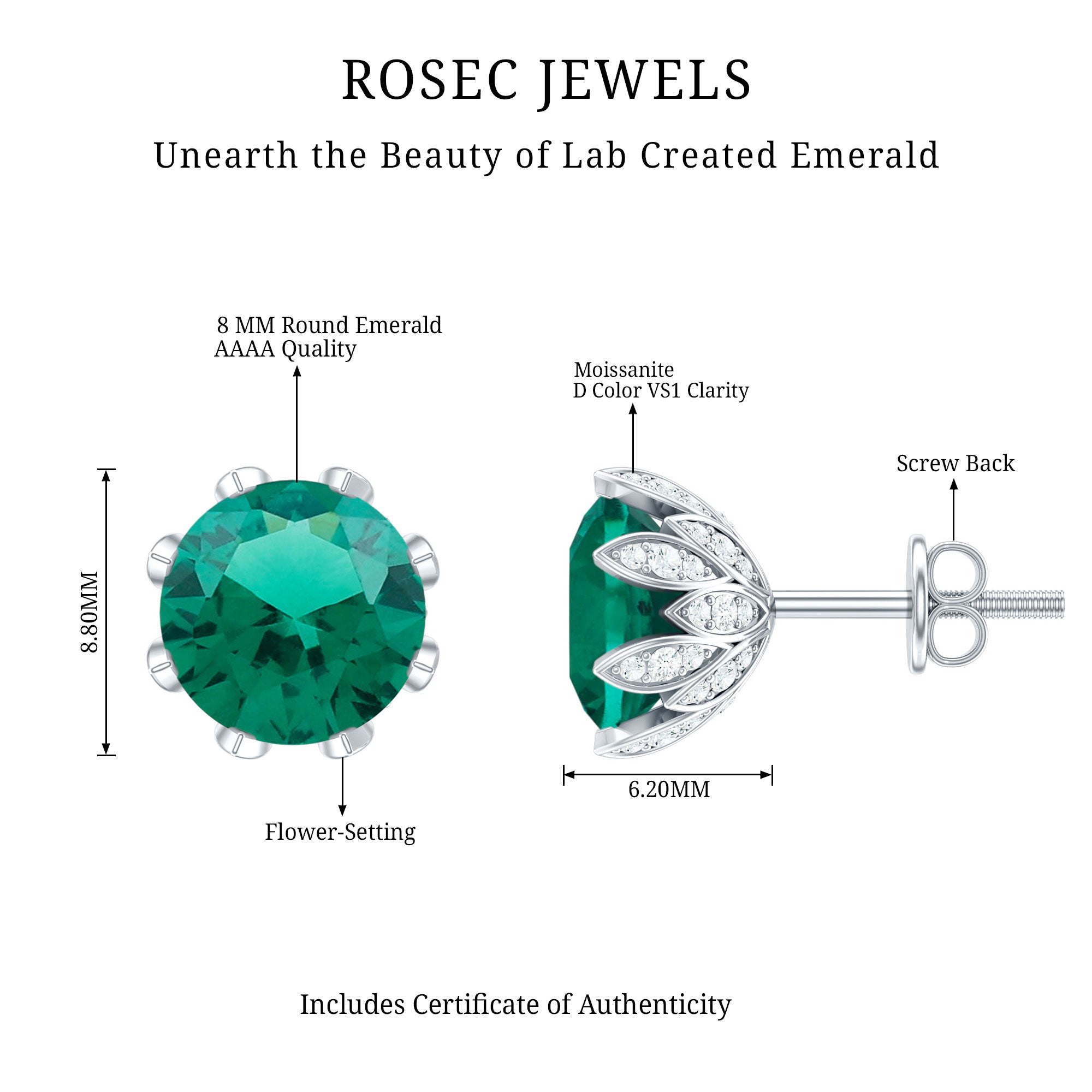 Lab Created Emerald Earrings – Certified Round Cut Floral Studs with Moissanite
