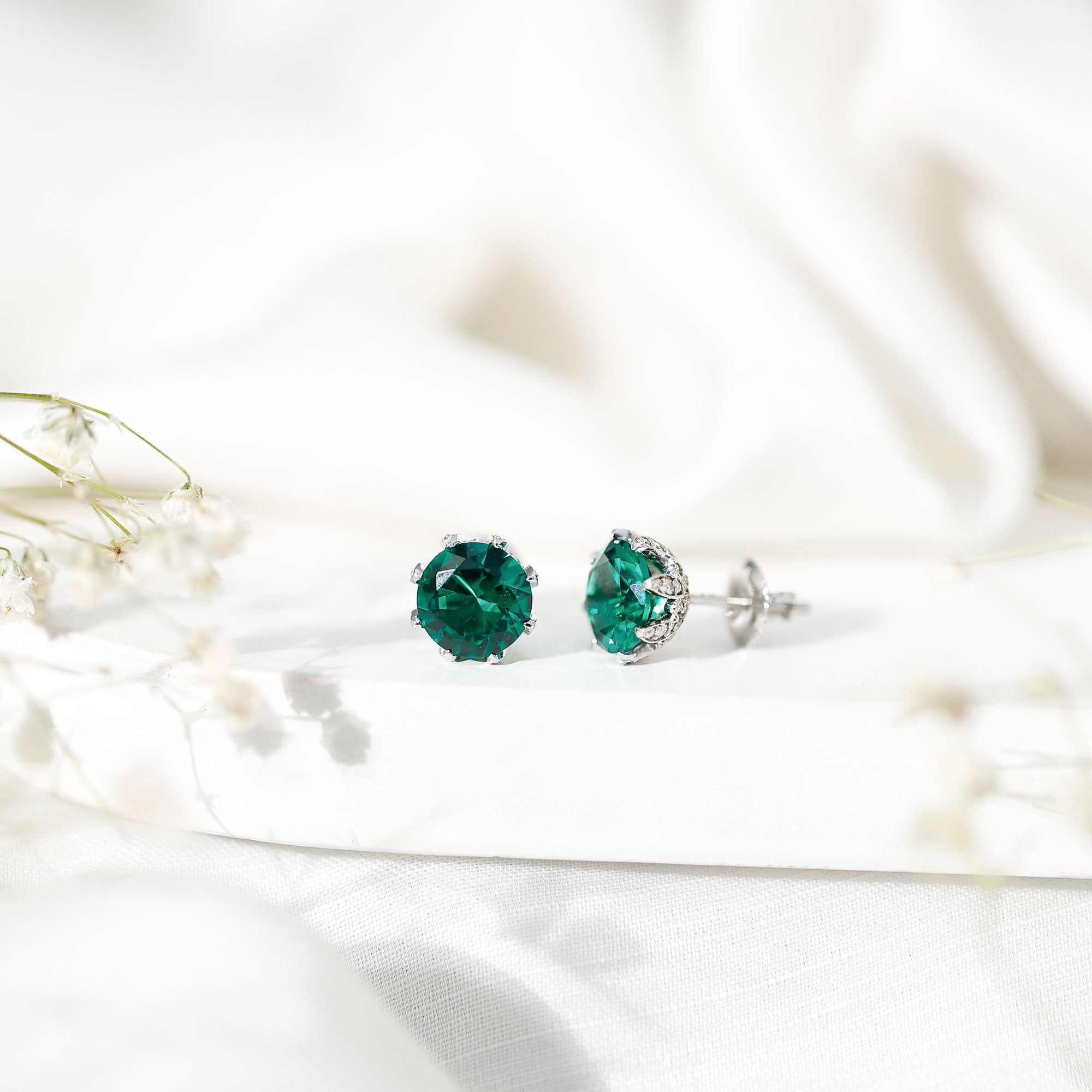 Lab Created Emerald Earrings – Certified Round Cut Floral Studs with Moissanite