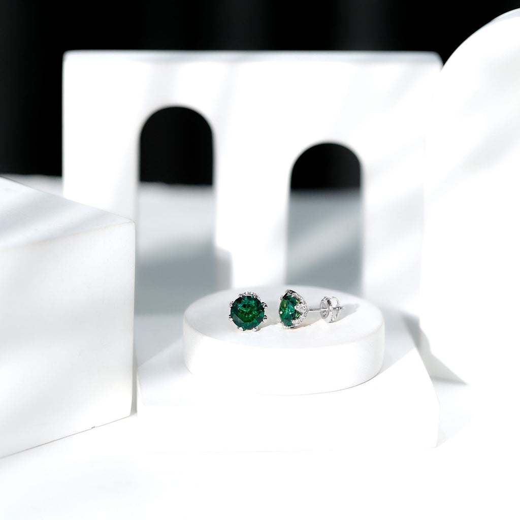 Lab Created Emerald Earrings – Certified Round Cut Floral Studs with Moissanite