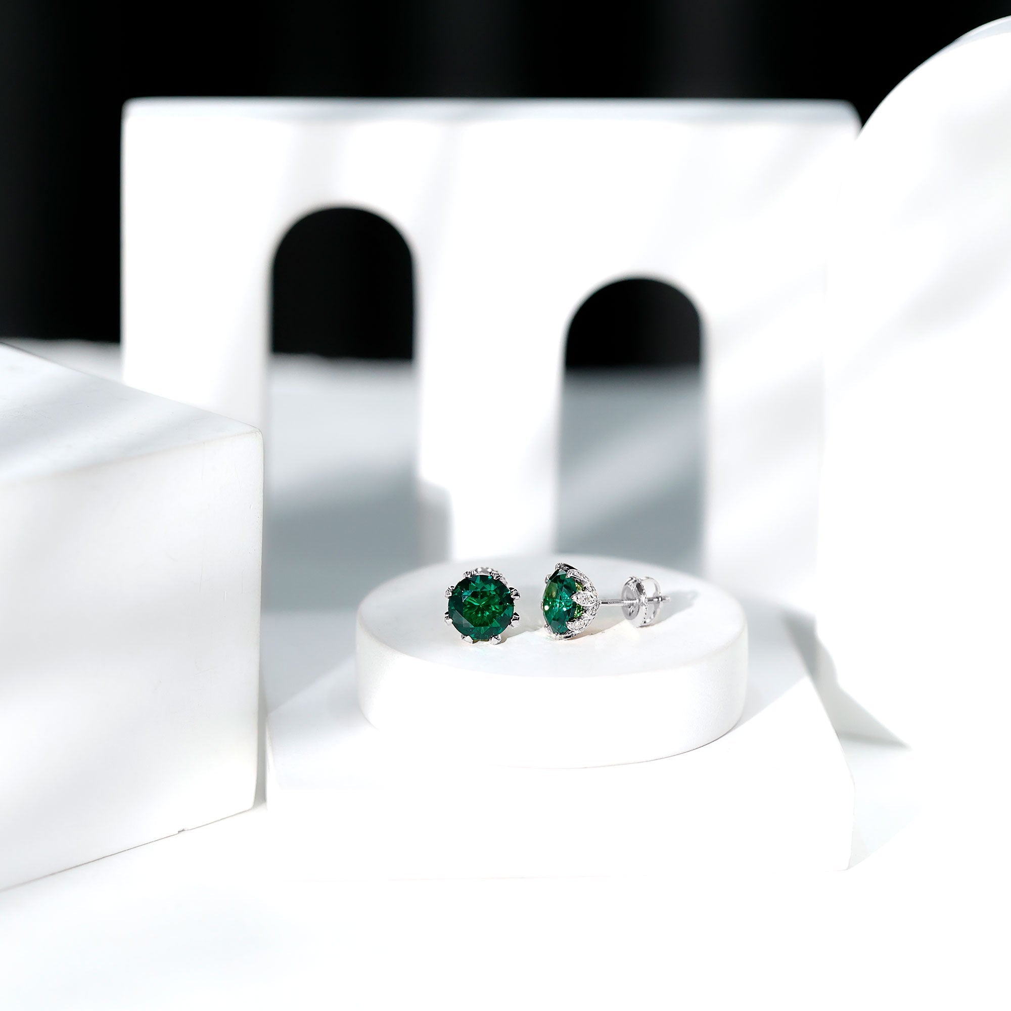 Lab Created Emerald Earrings – Certified Round Cut Floral Studs with Moissanite