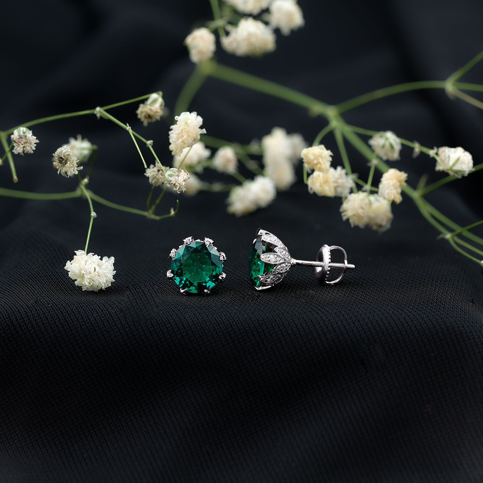 Lab Created Emerald Earrings – Certified Round Cut Floral Studs with Moissanite