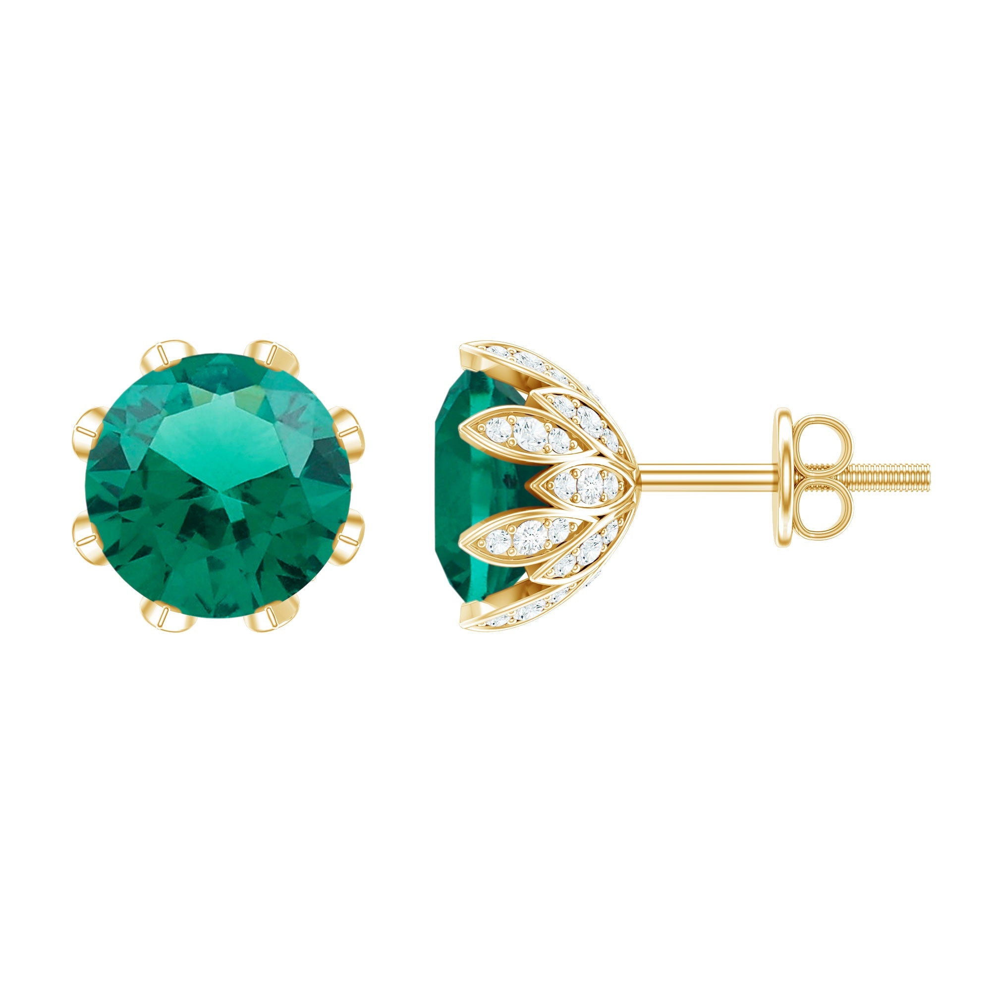 Lab Created Emerald Earrings – Certified Round Cut Floral Studs with Moissanite
