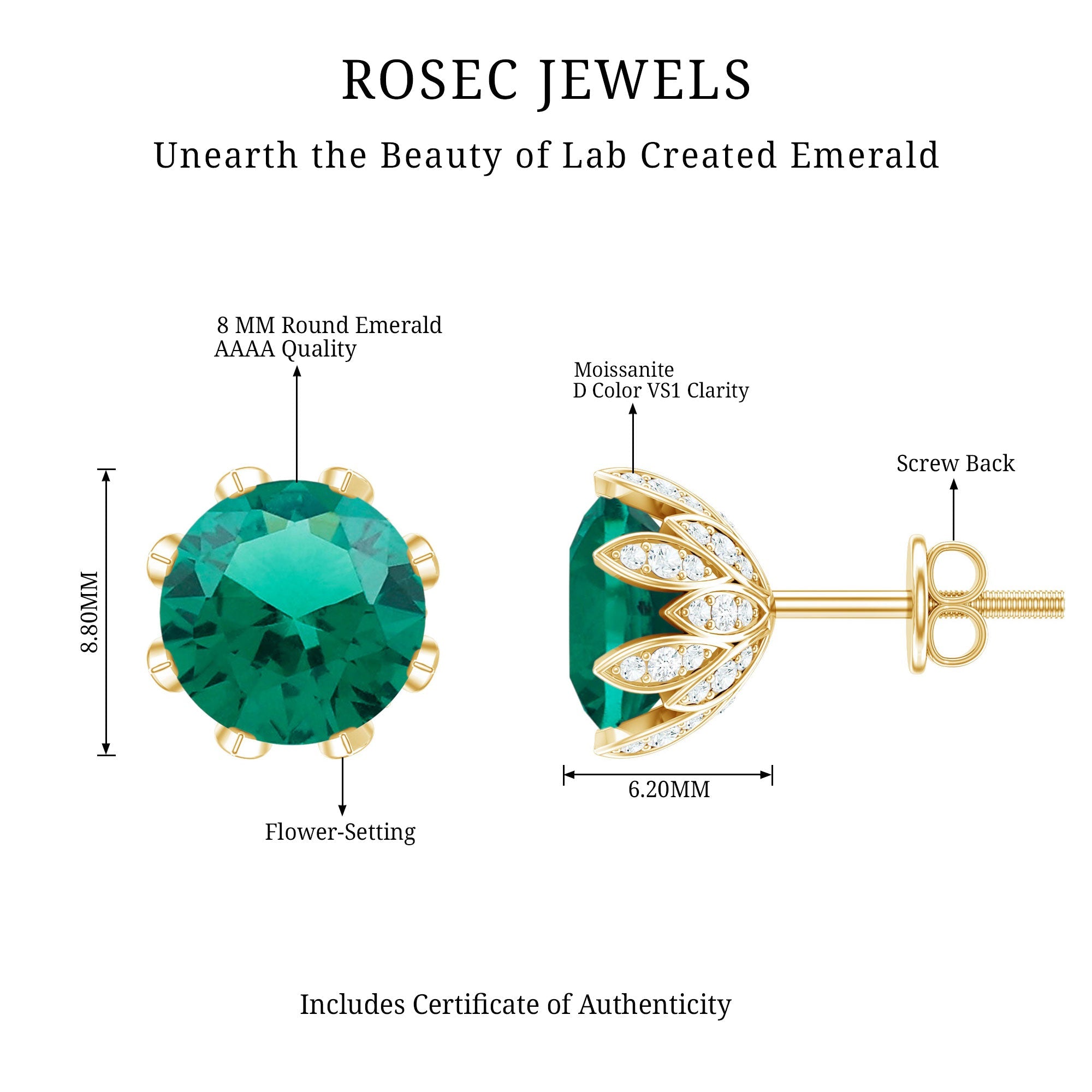 Lab Created Emerald Earrings – Certified Round Cut Floral Studs with Moissanite