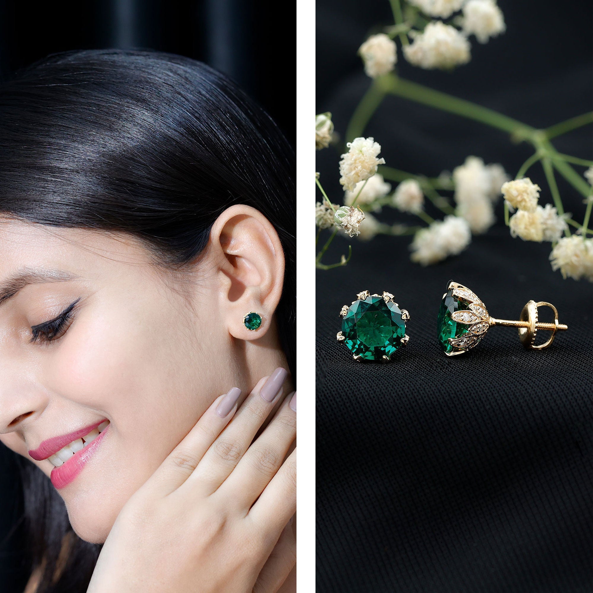 Lab Created Emerald Earrings – Certified Round Cut Floral Studs with Moissanite