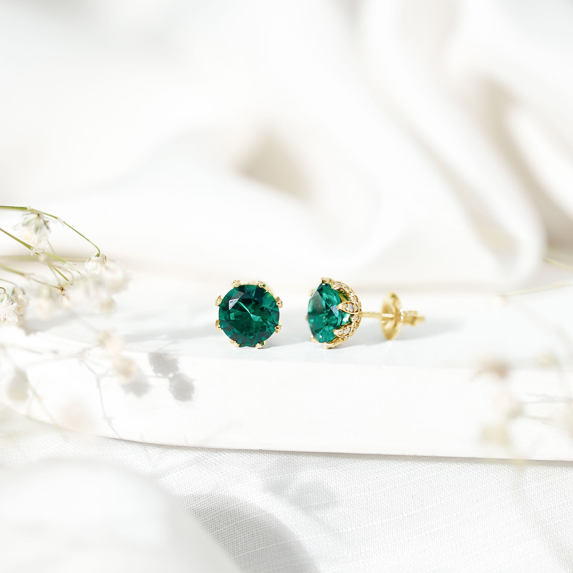 Lab Created Emerald Earrings – Certified Round Cut Floral Studs with Moissanite