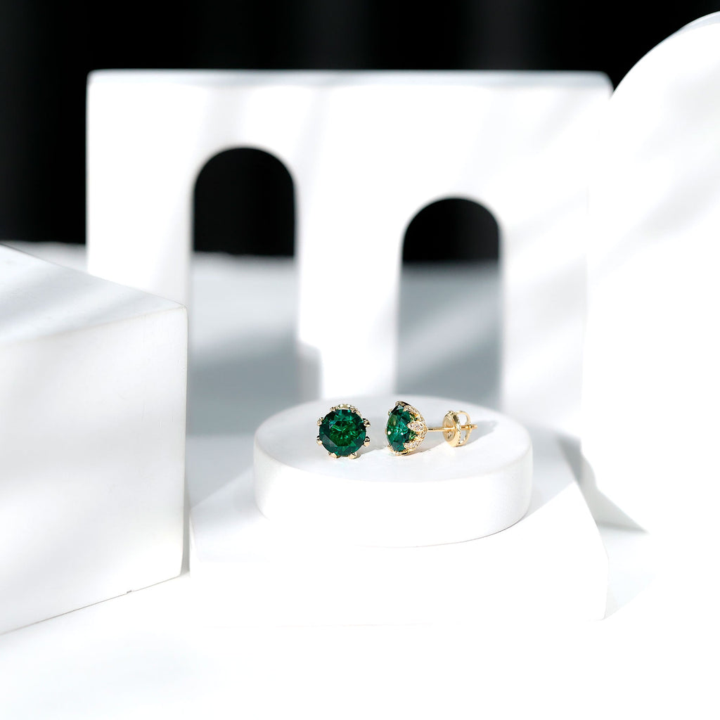 Lab Created Emerald Earrings – Certified Round Cut Floral Studs with Moissanite