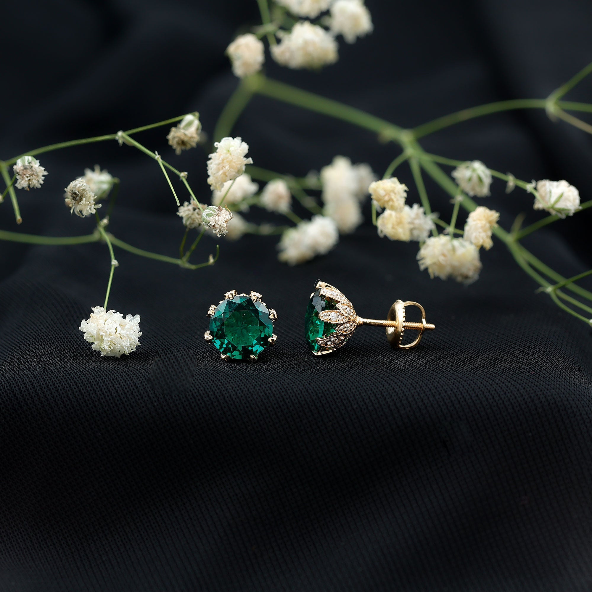 Lab Created Emerald Earrings – Certified Round Cut Floral Studs with Moissanite