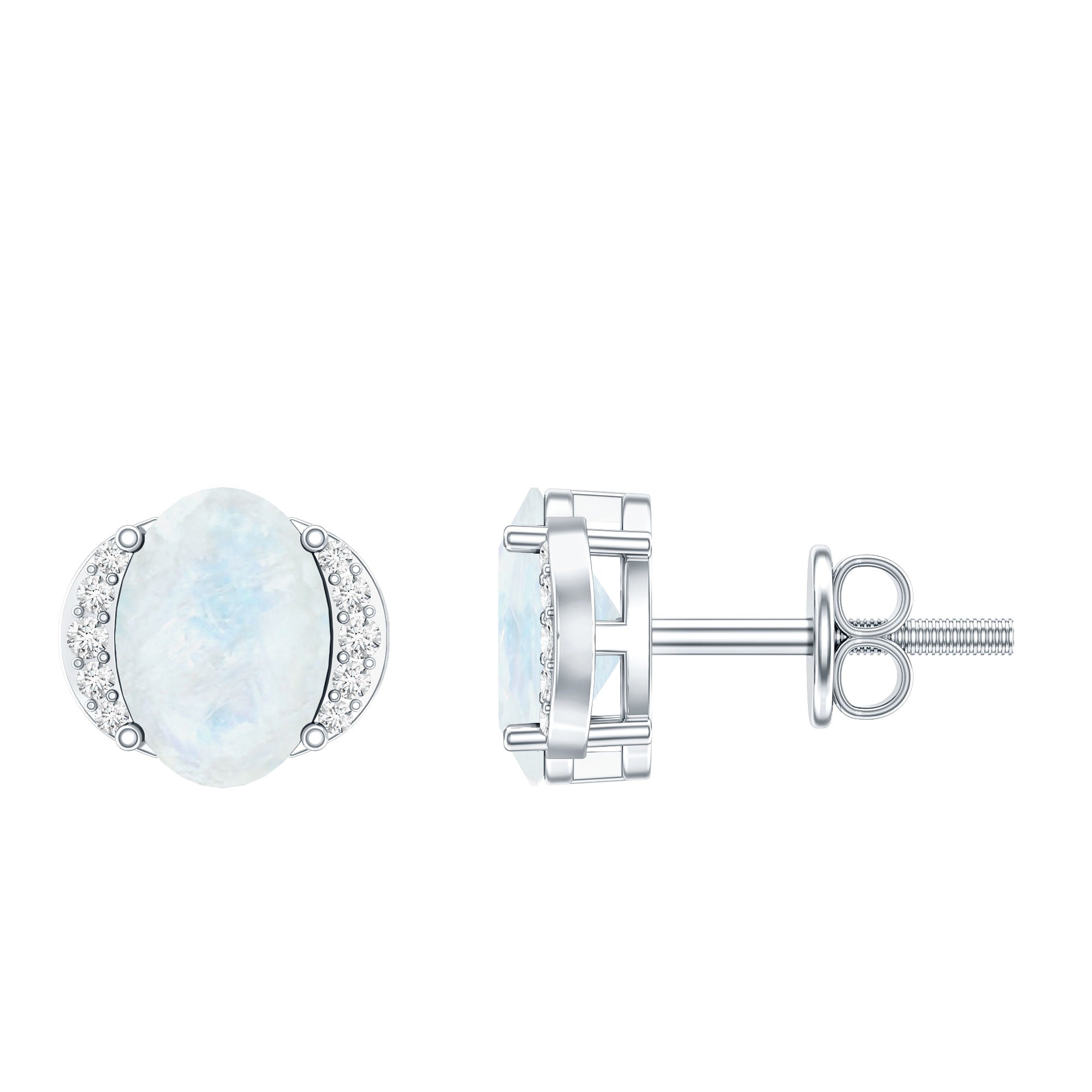 Oval Moonstone Earrings – Solitaire Stud With Diamond Crescent Design | AAA Quality
