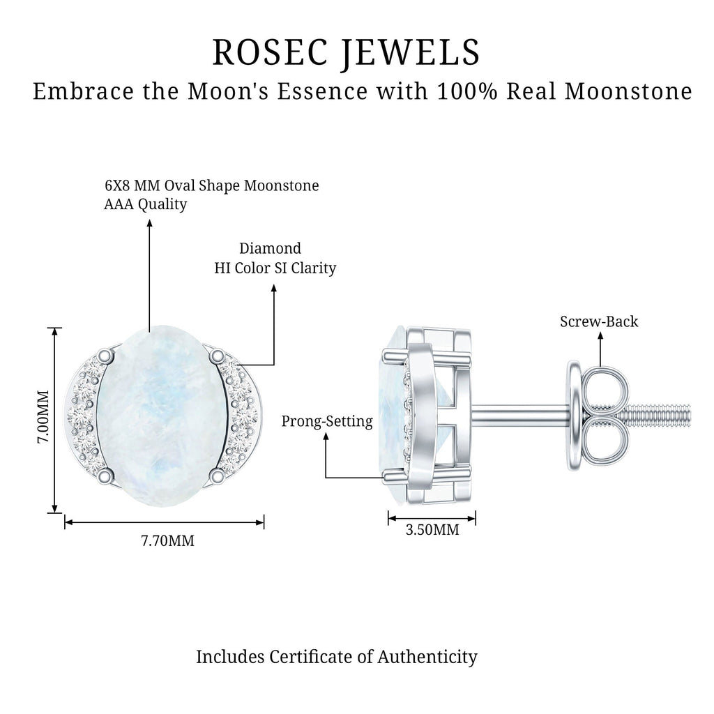 Oval Moonstone Earrings – Solitaire Stud With Diamond Crescent Design | AAA Quality