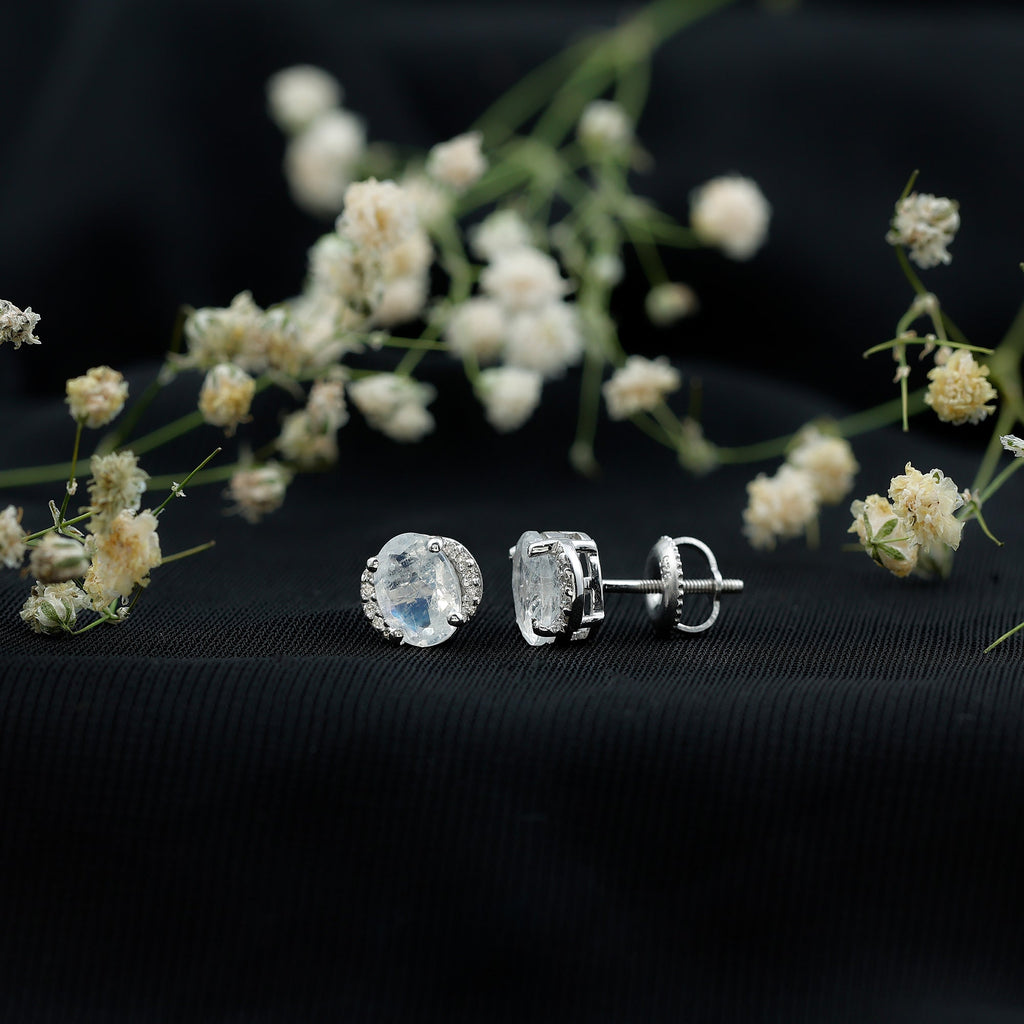 Oval Moonstone Earrings – Solitaire Stud With Diamond Crescent Design | AAA Quality
