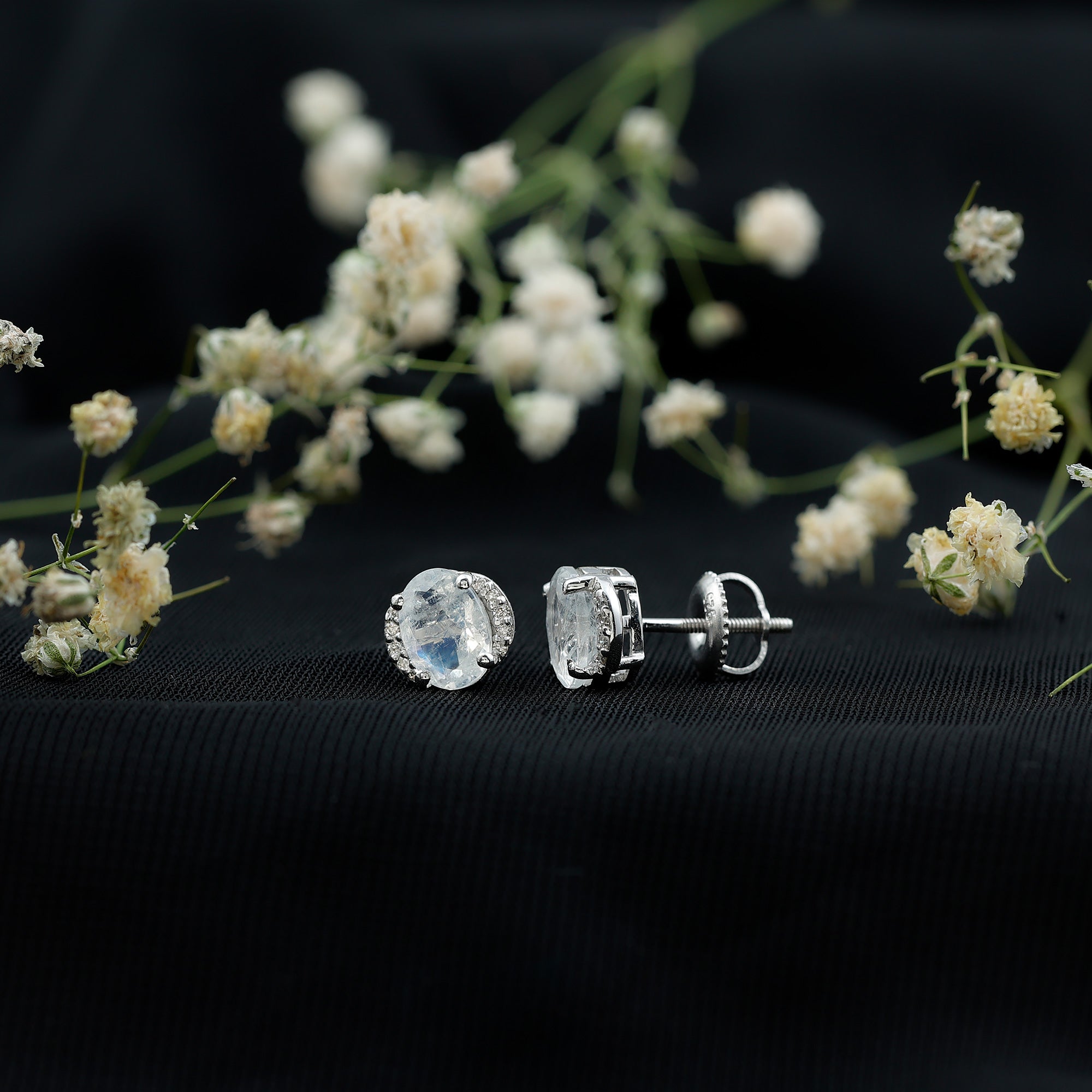 Oval Moonstone Earrings – Solitaire Stud With Diamond Crescent Design | AAA Quality