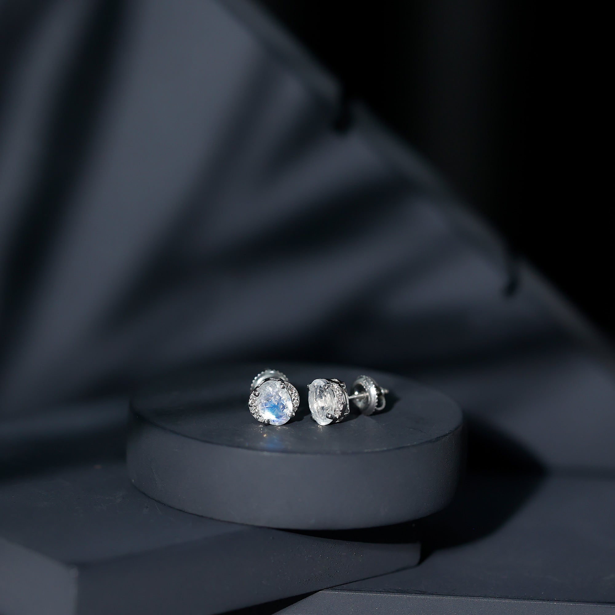 Oval Moonstone Earrings – Solitaire Stud With Diamond Crescent Design | AAA Quality