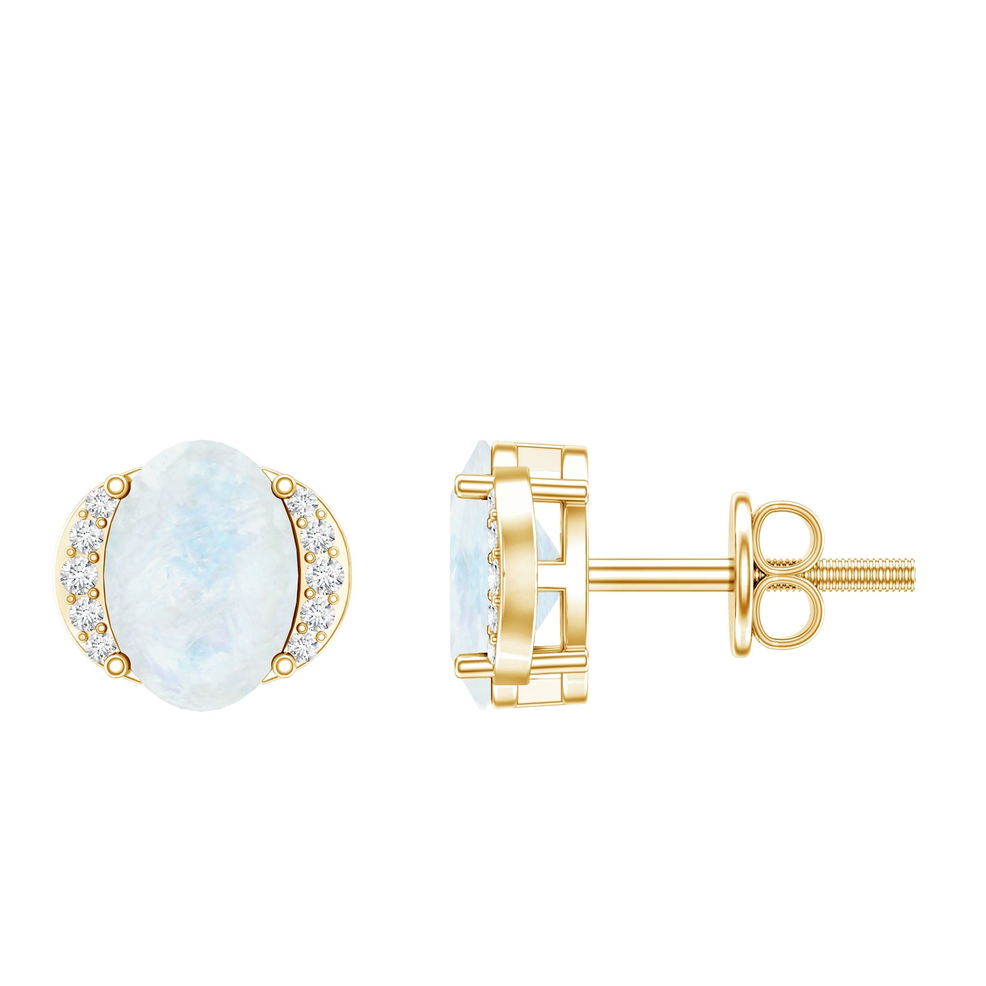 Oval Moonstone Earrings – Solitaire Stud With Diamond Crescent Design | AAA Quality