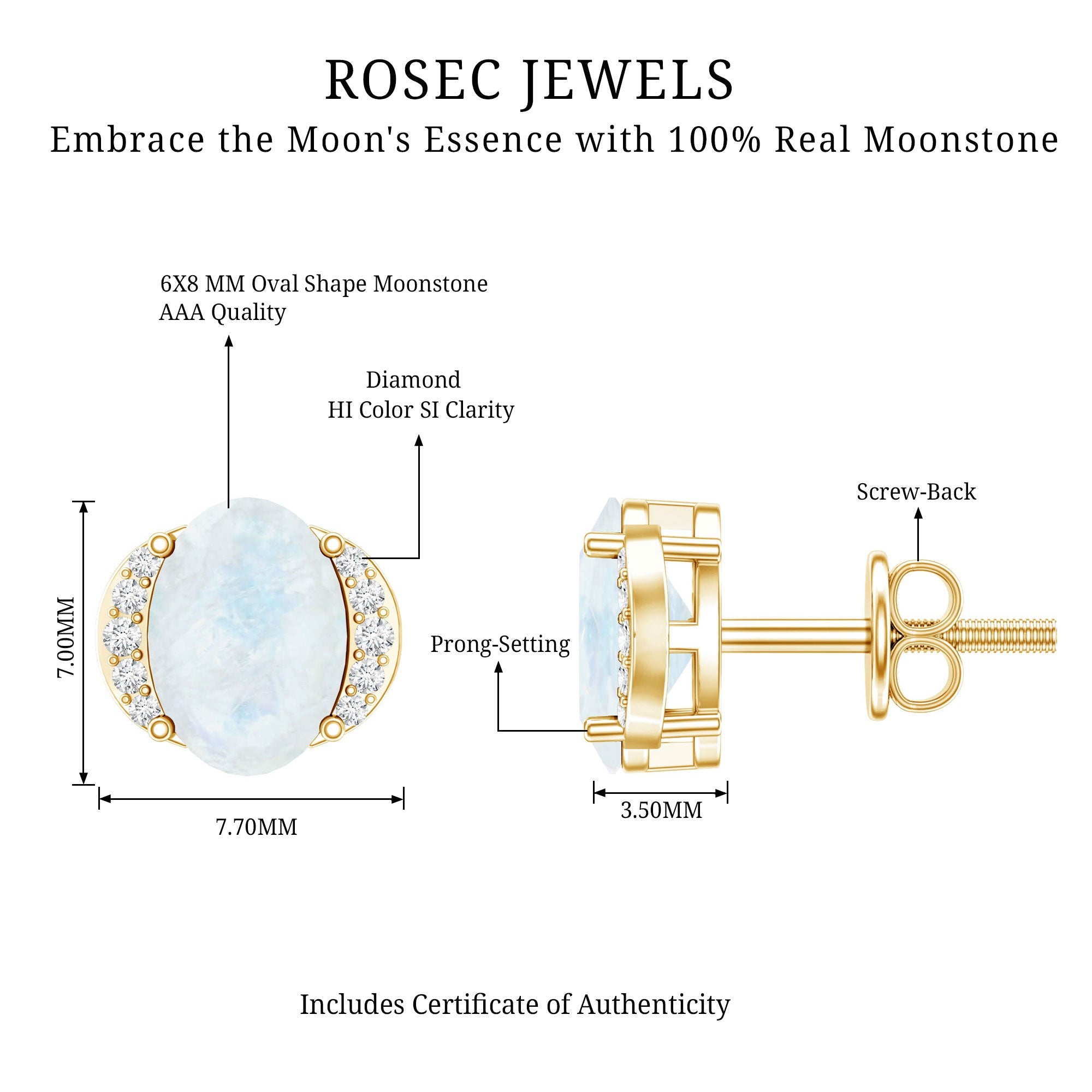 Oval Moonstone Earrings – Solitaire Stud With Diamond Crescent Design | AAA Quality