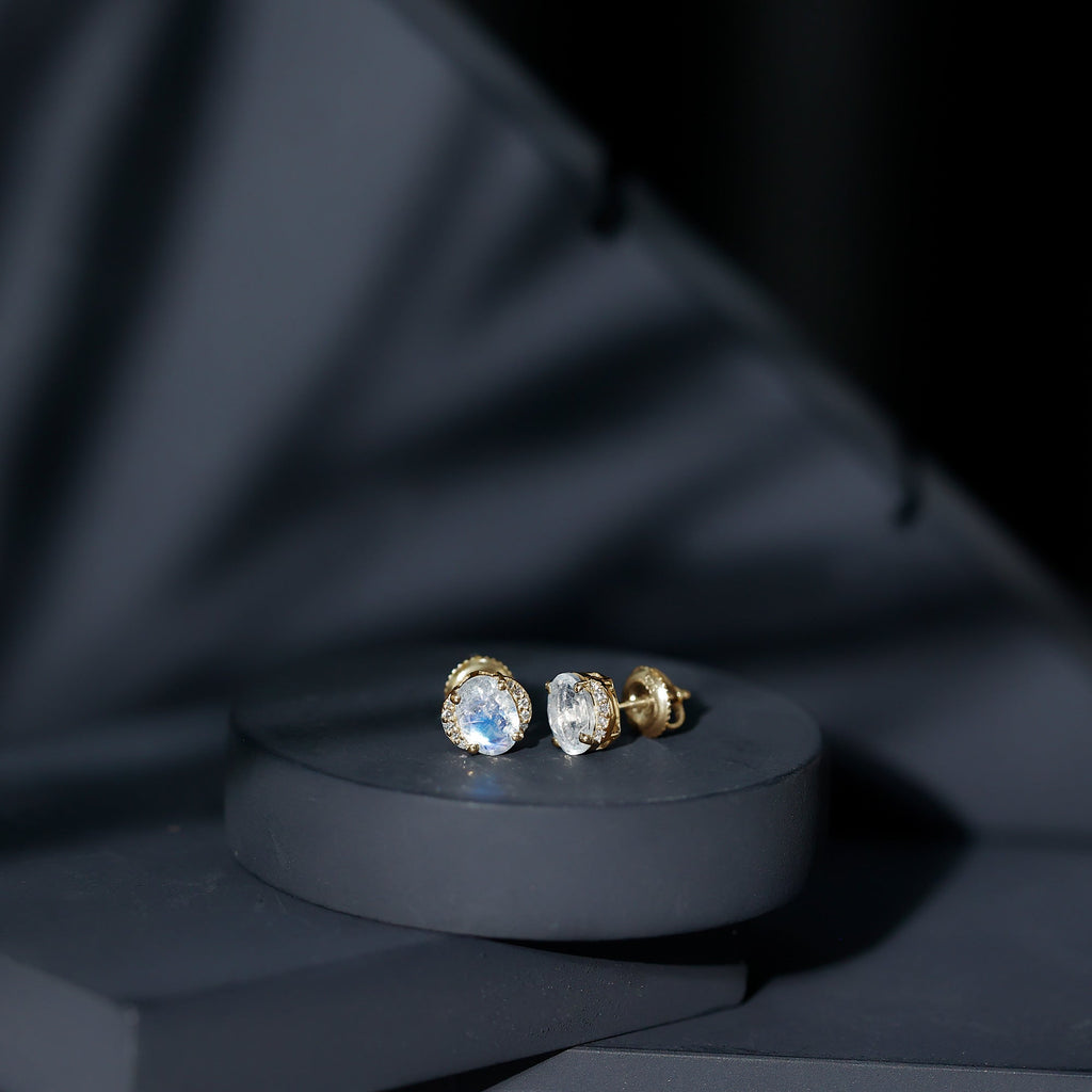 Oval Moonstone Earrings – Solitaire Stud With Diamond Crescent Design | AAA Quality