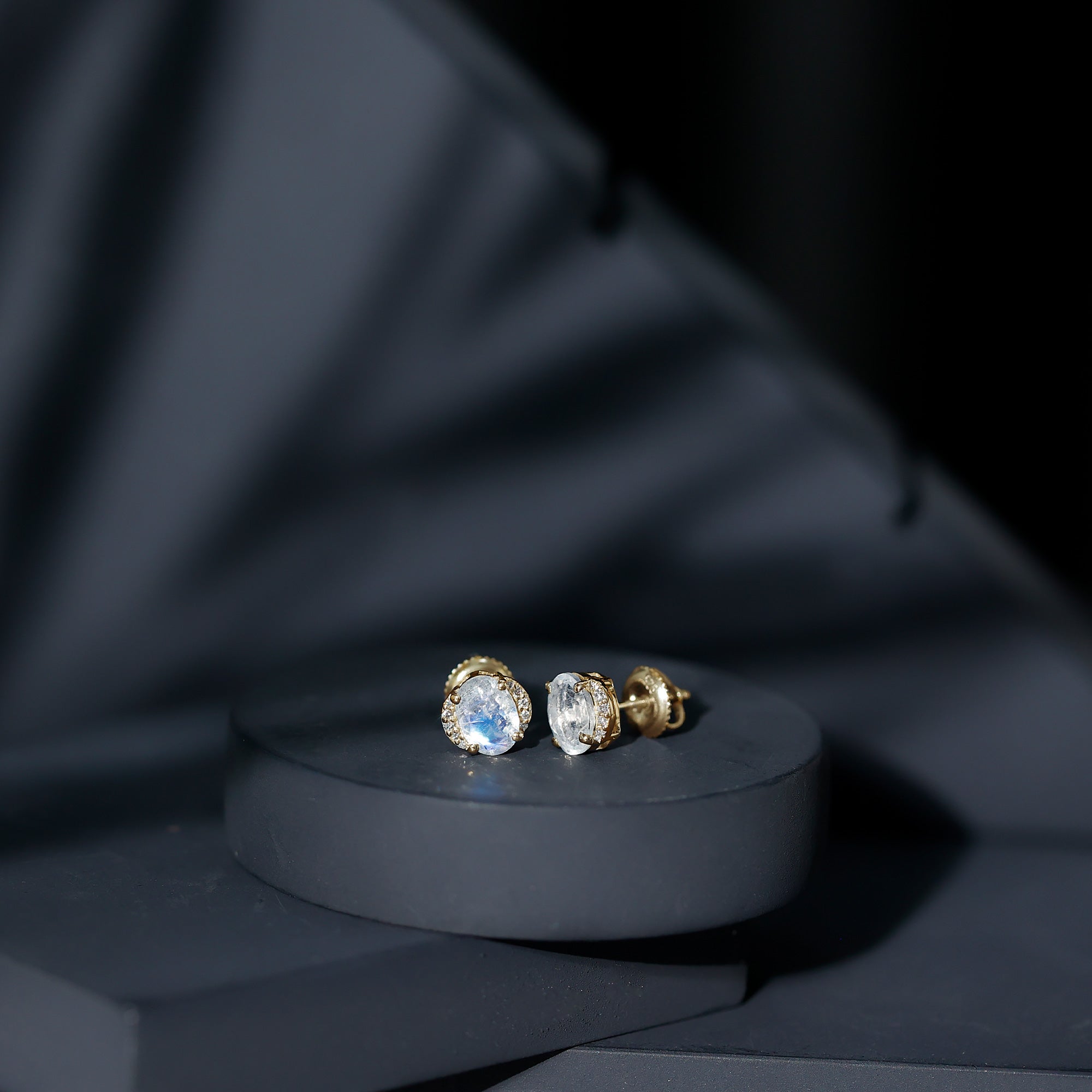 Oval Moonstone Earrings – Solitaire Stud With Diamond Crescent Design | AAA Quality