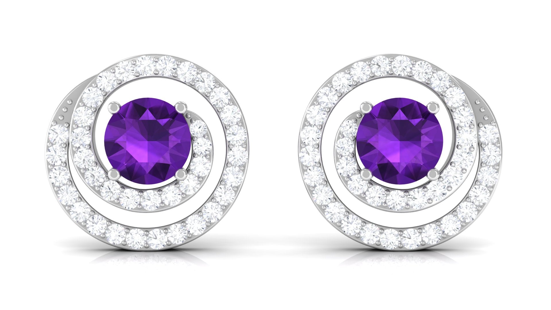 Natural Amethyst Diamond Swirl Earrings with Screw Back