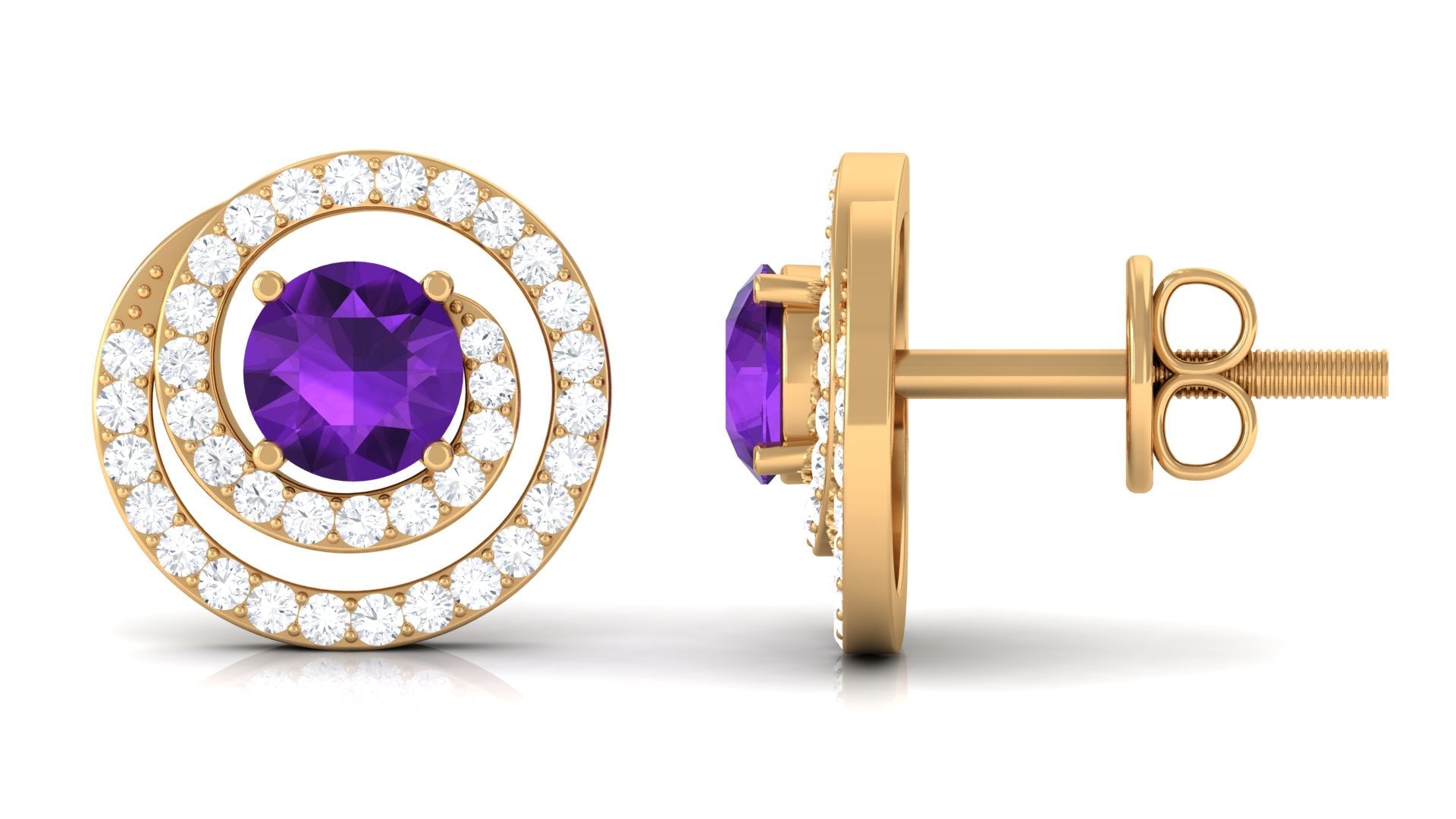 Natural Amethyst Diamond Swirl Earrings with Screw Back