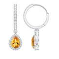 Citrine Teardrop Earrings – Pear Shape Citrine with Moissanite Halo & Hinged Hoop