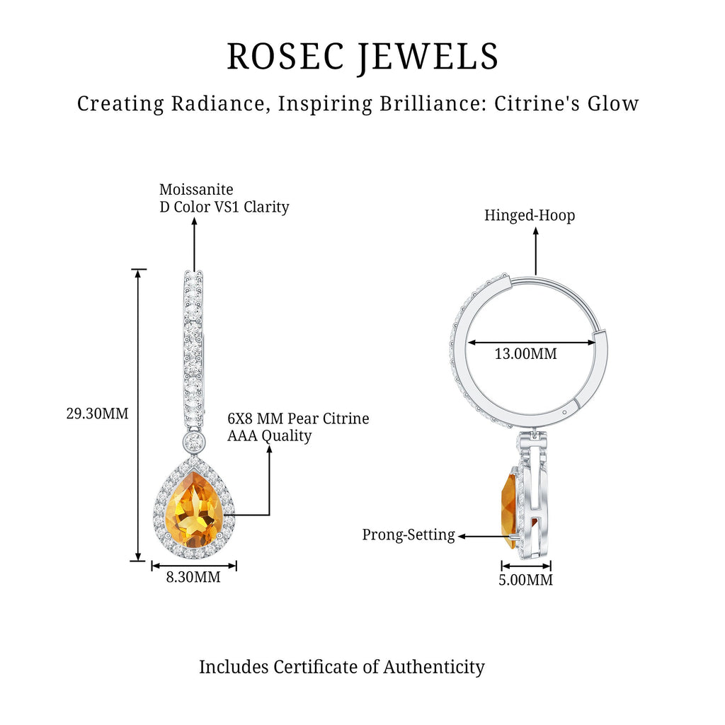 Citrine Teardrop Earrings – Pear Shape Citrine with Moissanite Halo & Hinged Hoop