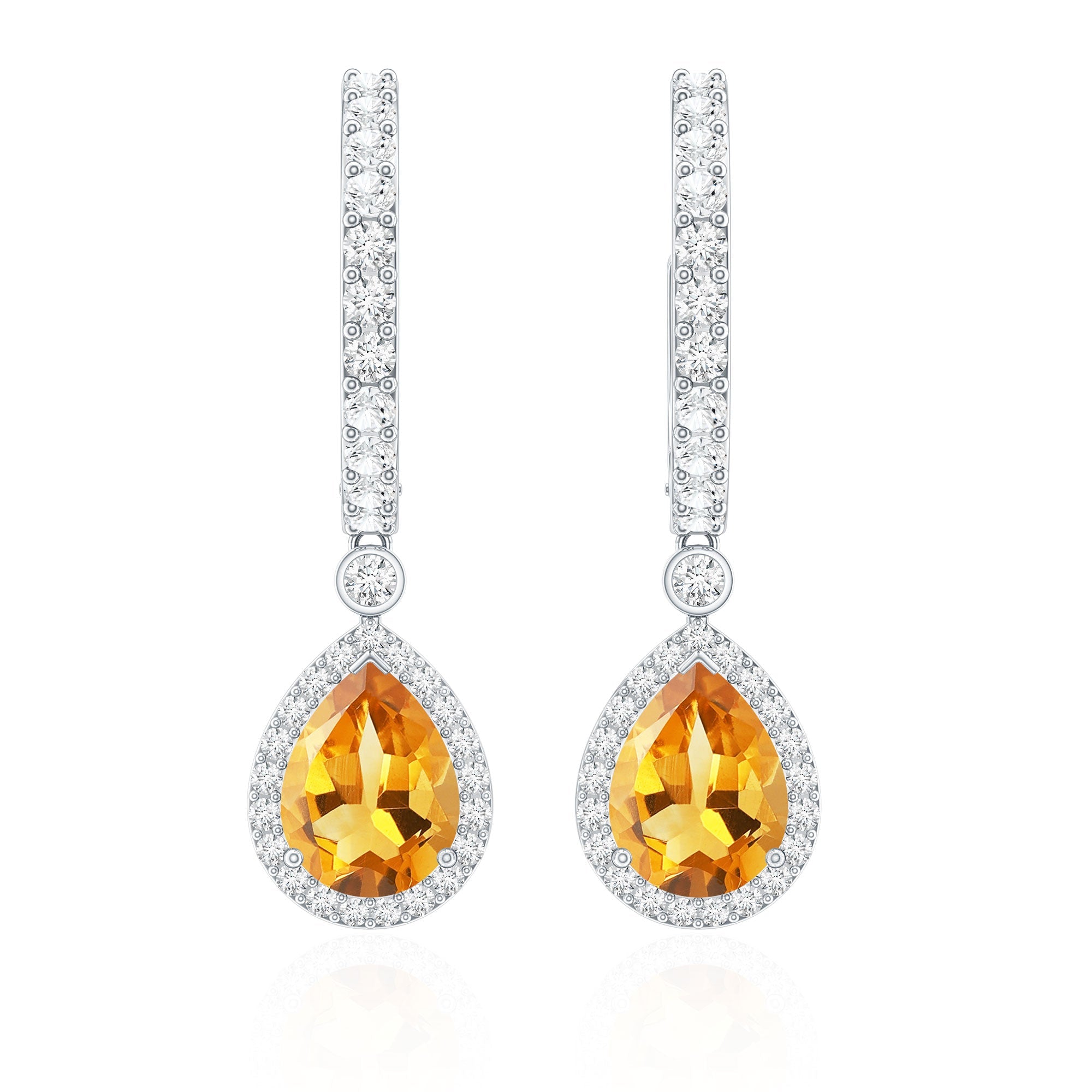 Citrine Teardrop Earrings – Pear Shape Citrine with Moissanite Halo & Hinged Hoop