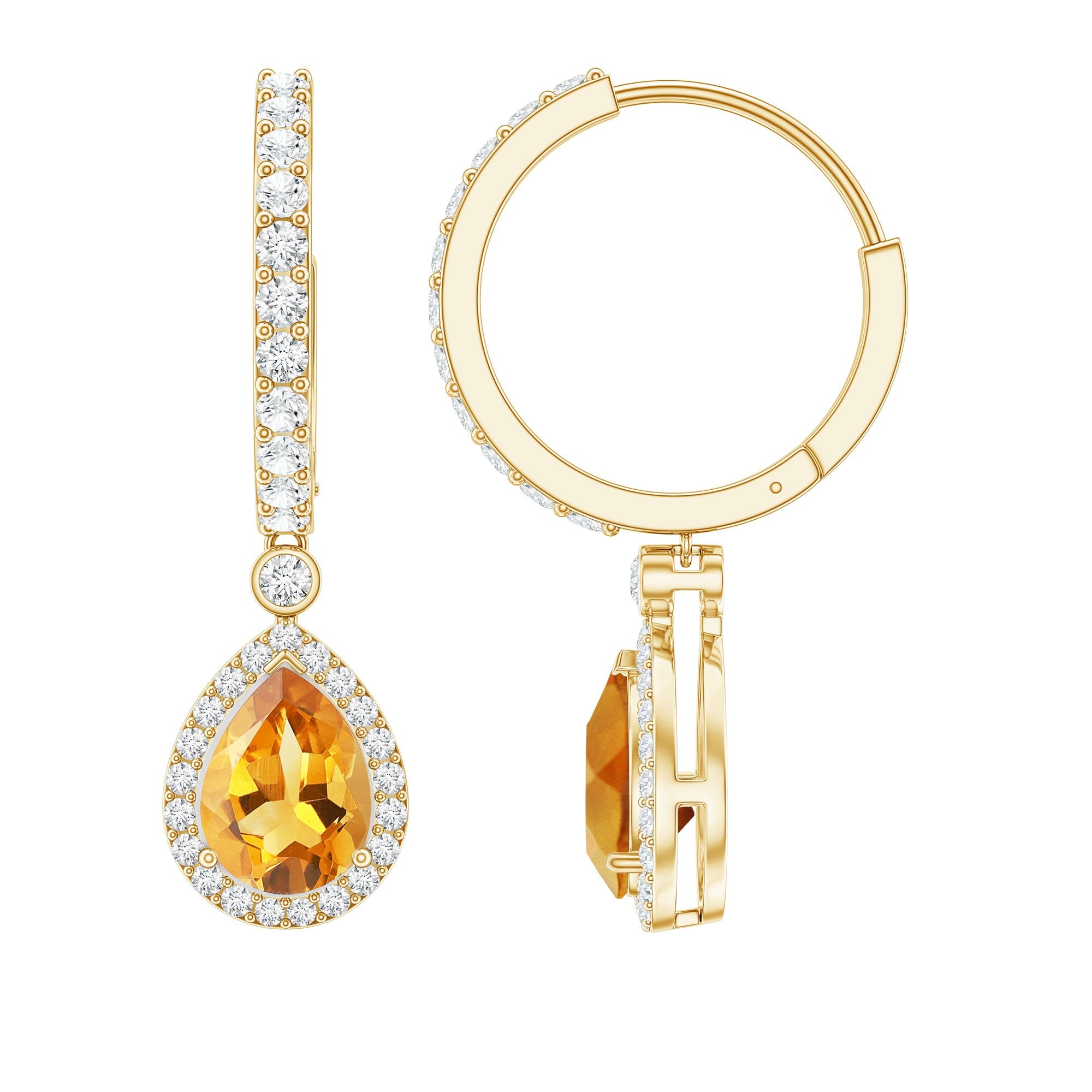 Citrine Teardrop Earrings – Pear Shape Citrine with Moissanite Halo & Hinged Hoop