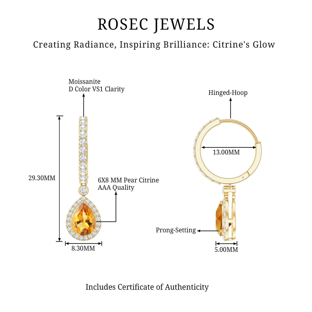 Citrine Teardrop Earrings – Pear Shape Citrine with Moissanite Halo & Hinged Hoop