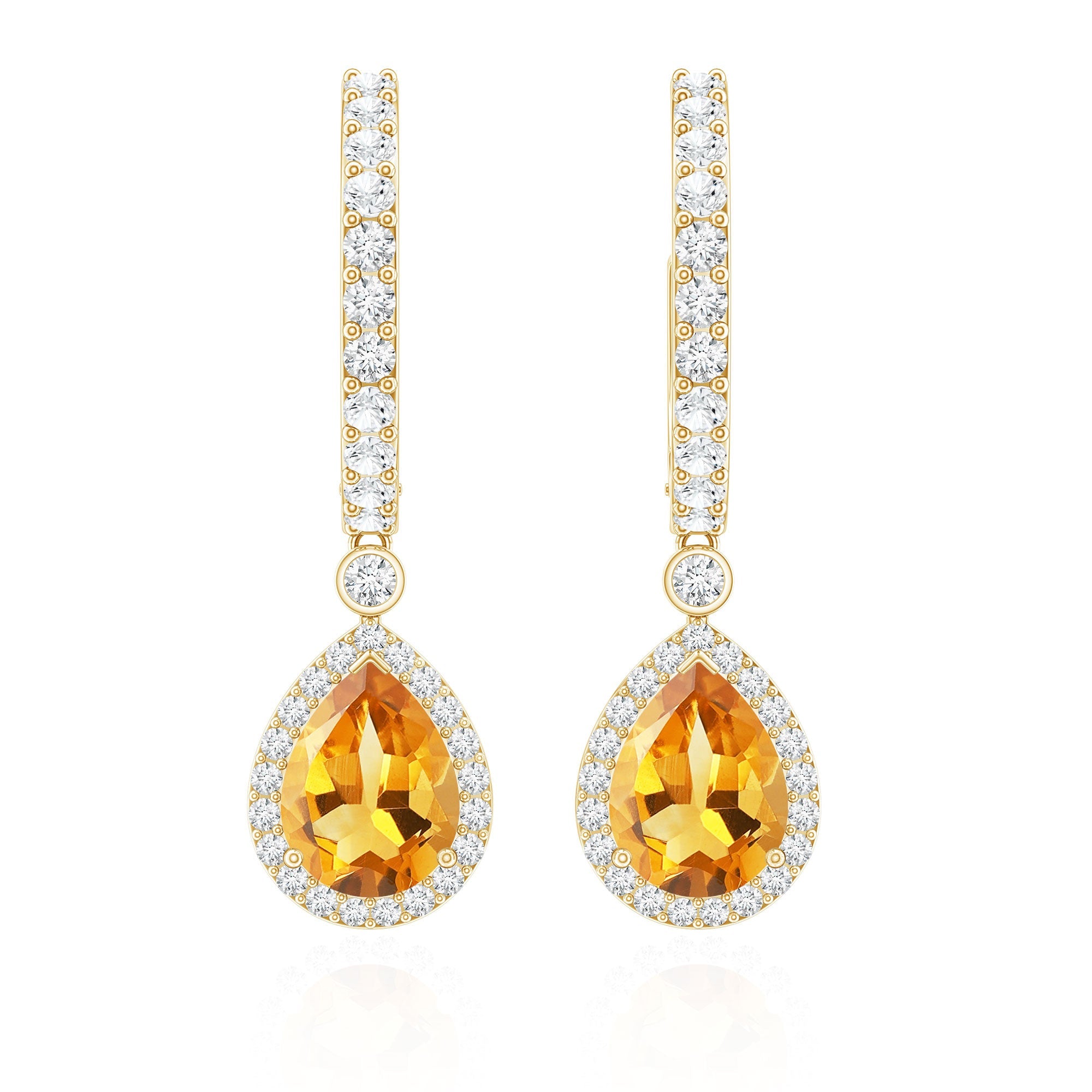 Citrine Teardrop Earrings – Pear Shape Citrine with Moissanite Halo & Hinged Hoop